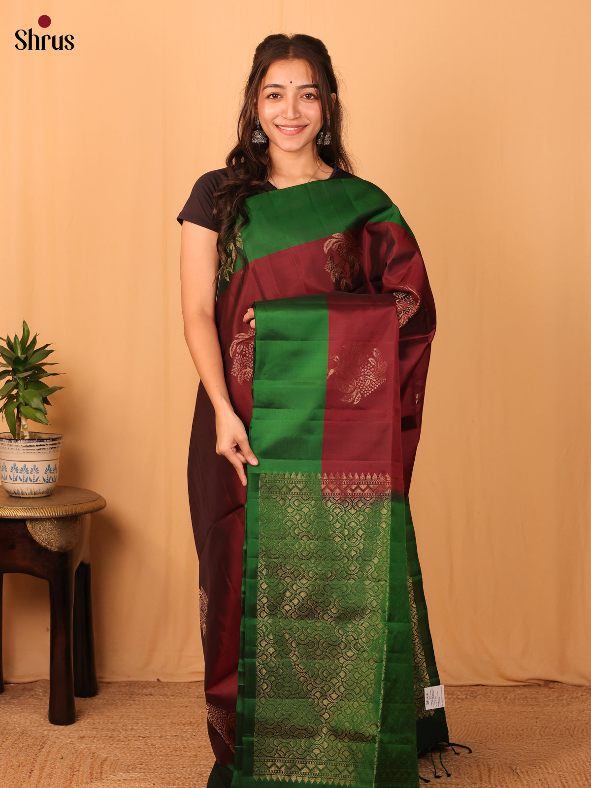 Maroon & Green - Softsilk-halfpure Saree - Shop on Shrus.com