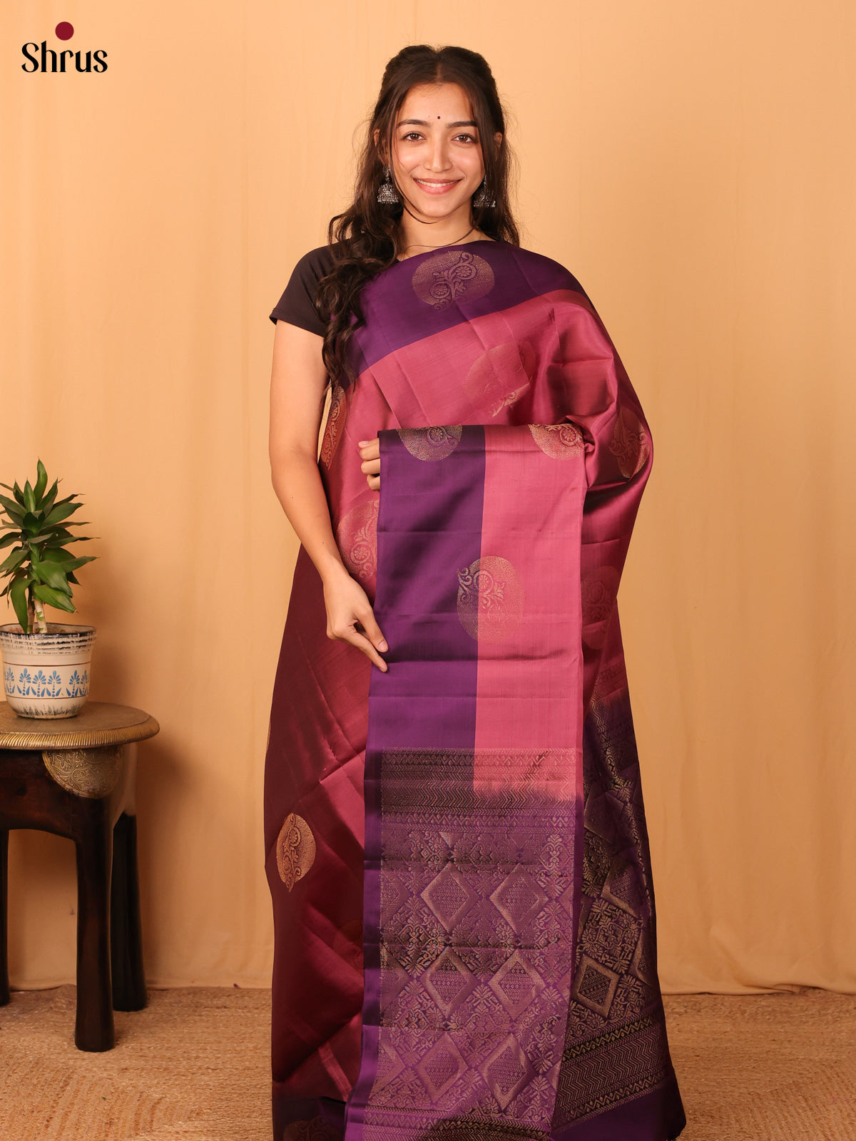 Lotus Pink & Violet - Softsilk-halfpure Saree - Shop on Shrus.com