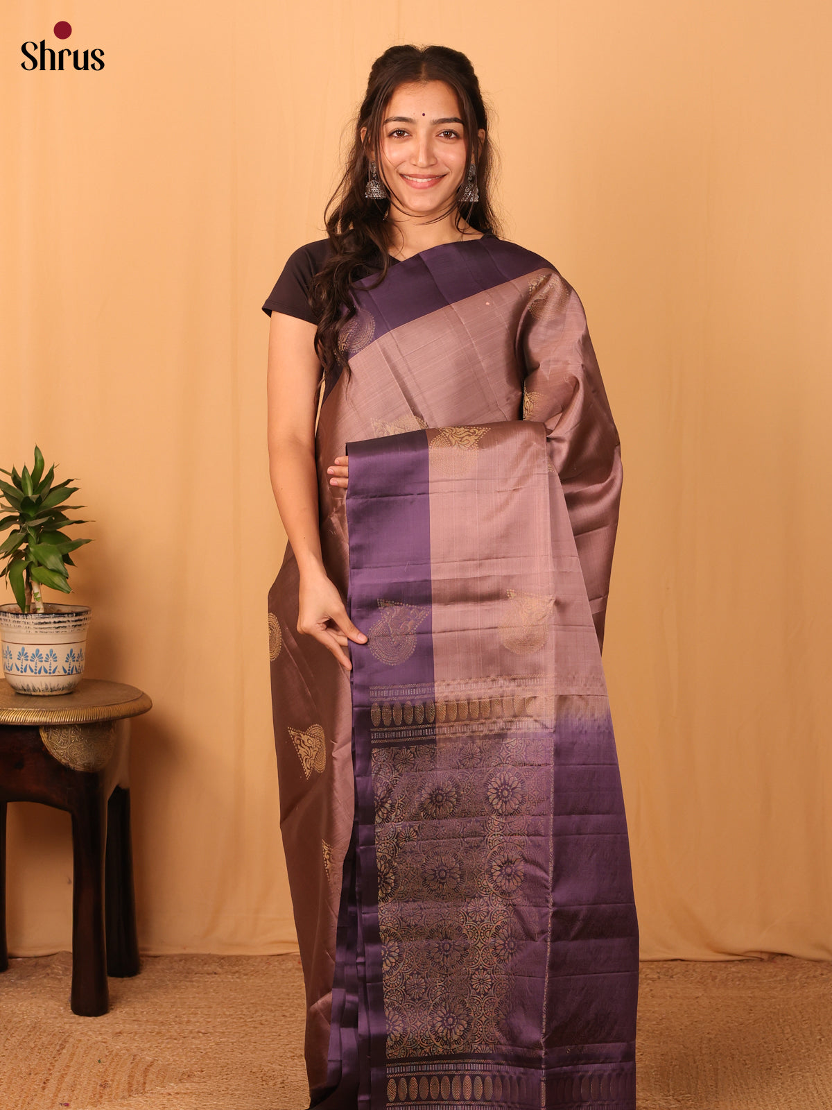 Dusty Brown & Violet - Softsilk-halfpure Saree - Shop on Shrus.com