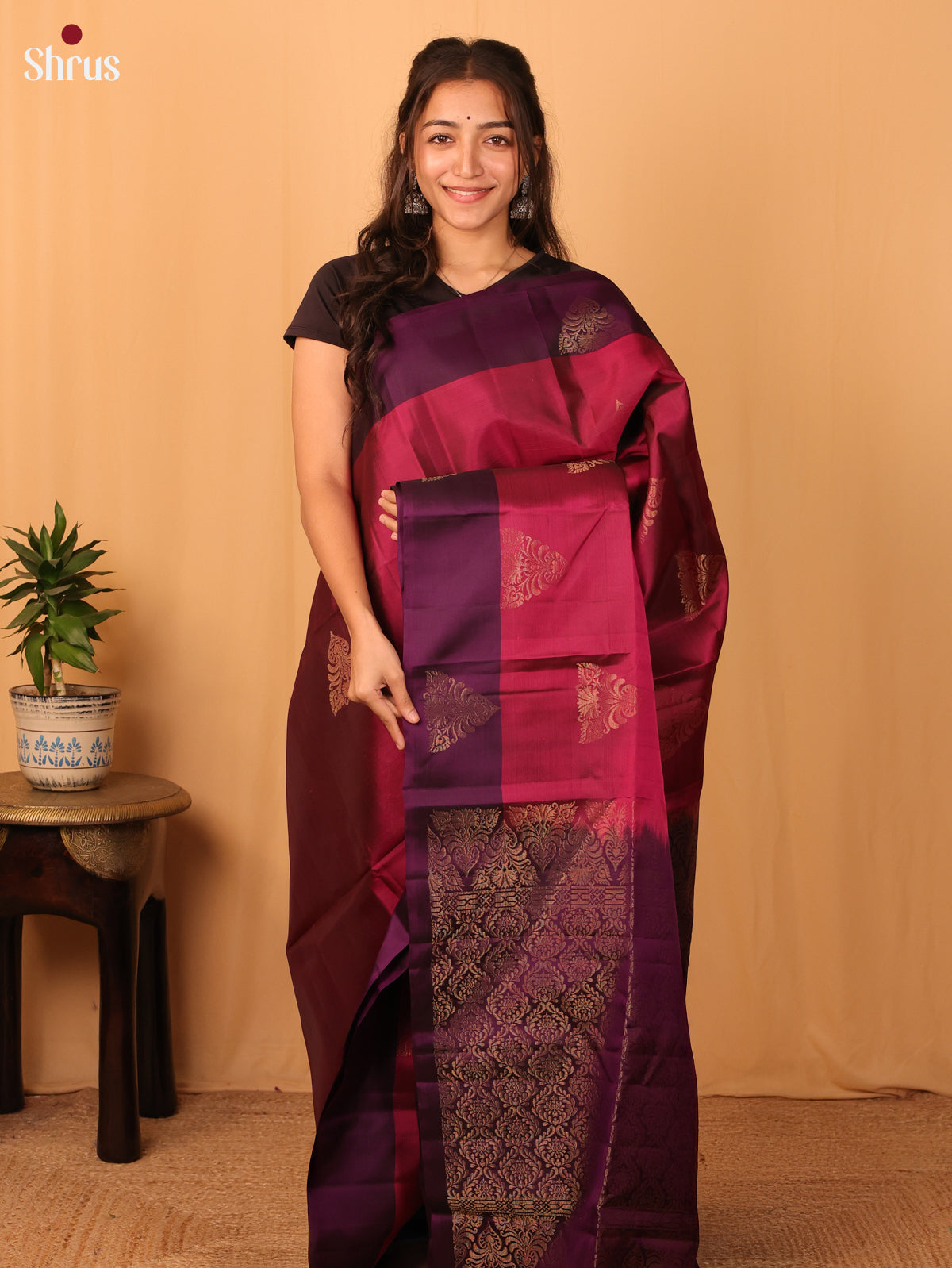 Maroon & Violet - Softsilk-halfpure Saree - Shop on Shrus.com