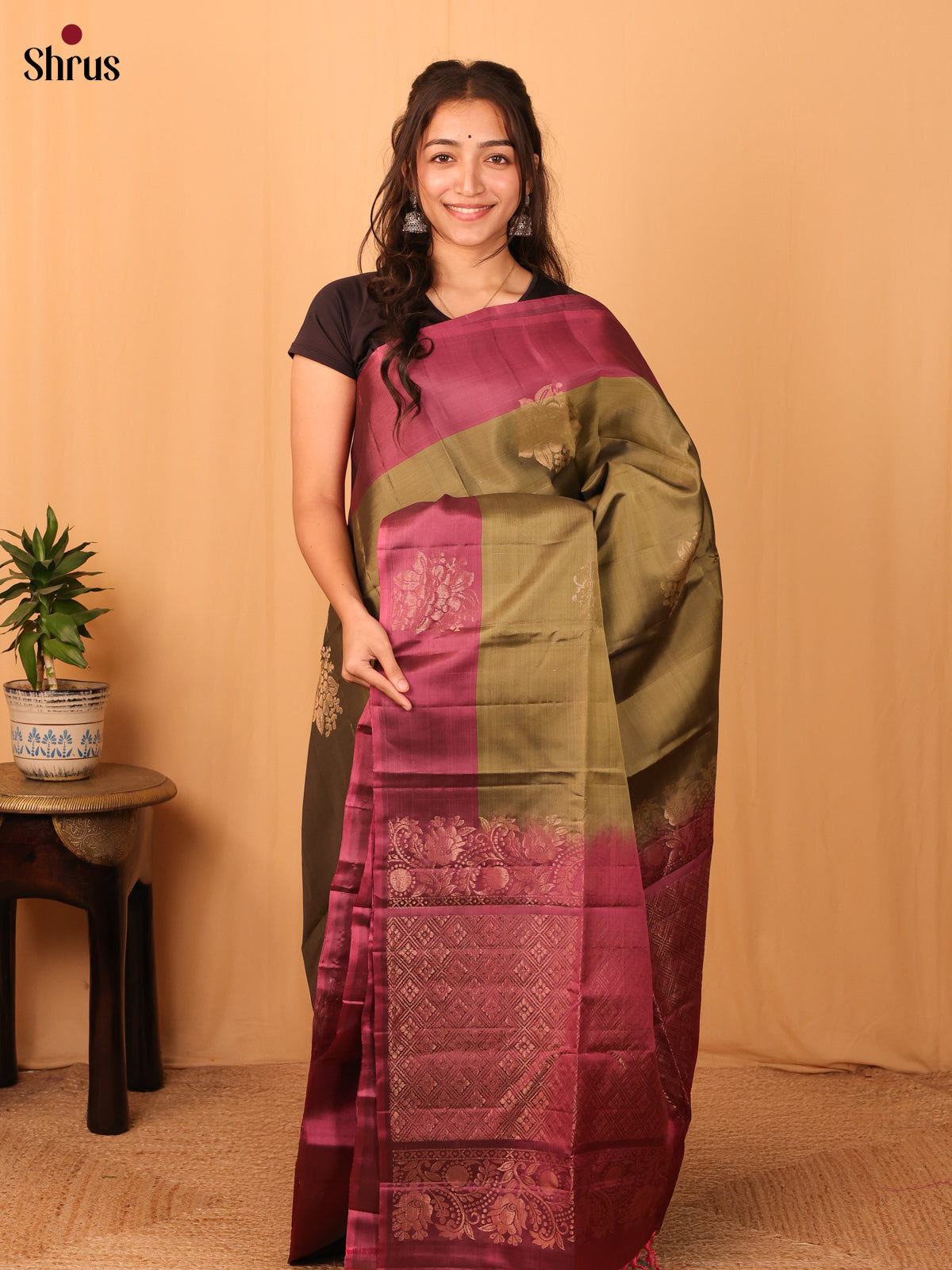 Olive Green & Maroon - Softsilk-halfpure Saree - Shop on Shrus.com