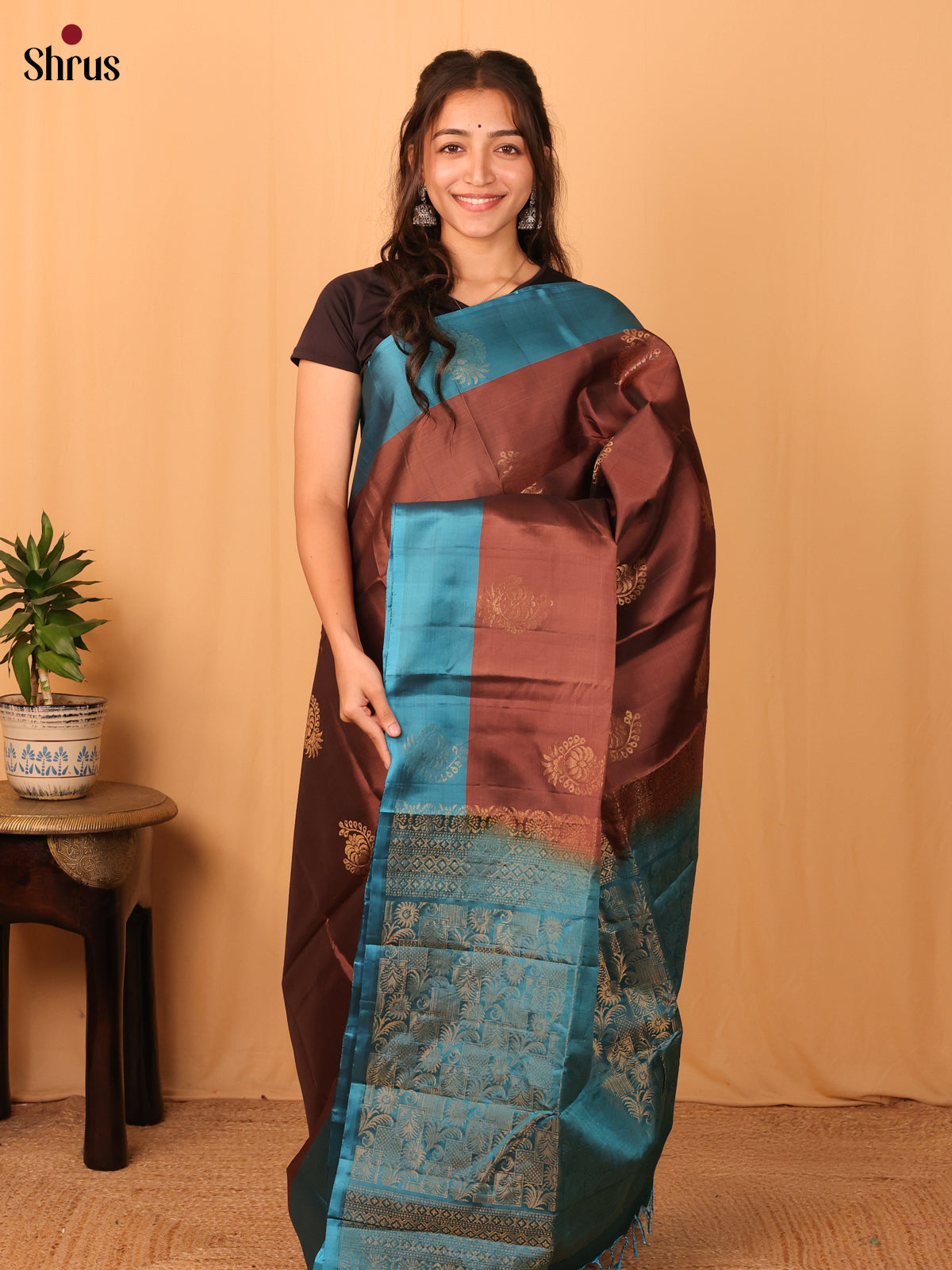 Brown & Blue - Softsilk-halfpure Saree - Shop on Shrus.com