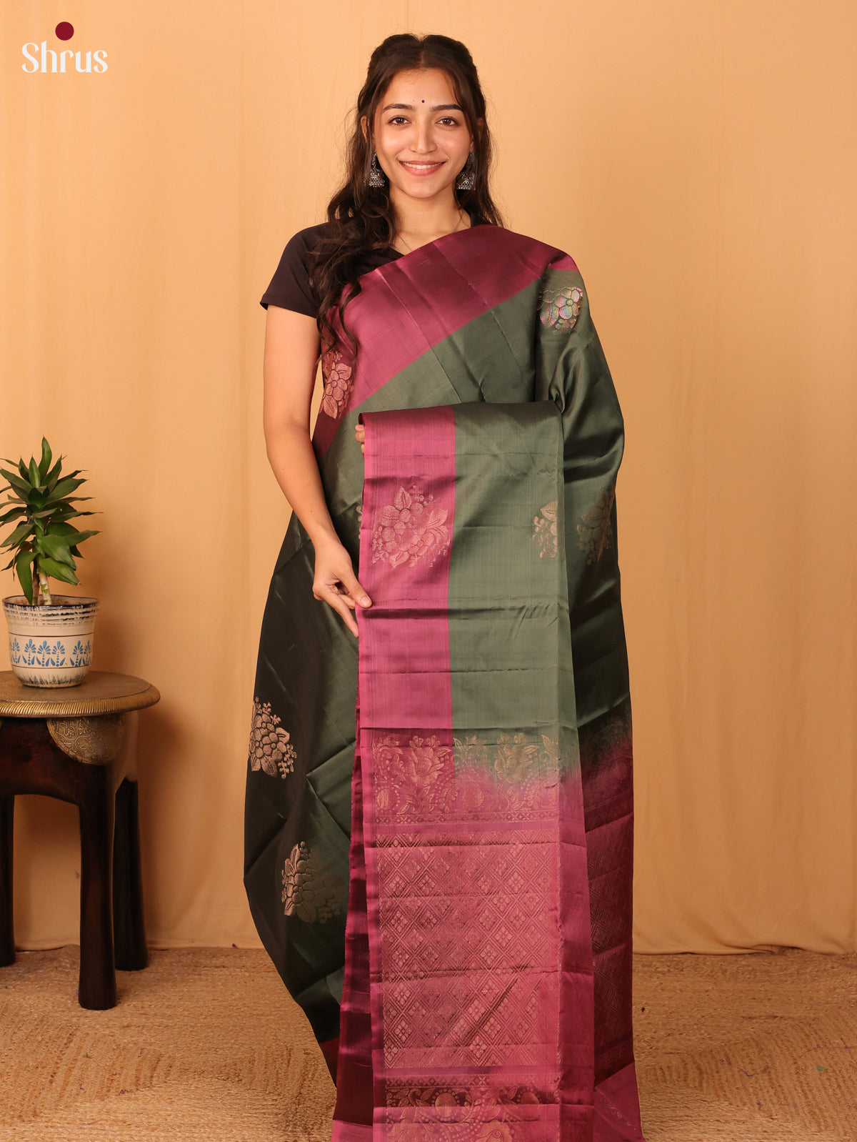 Green & Maroon - Softsilk-halfpure Saree - Shop on Shrus.com