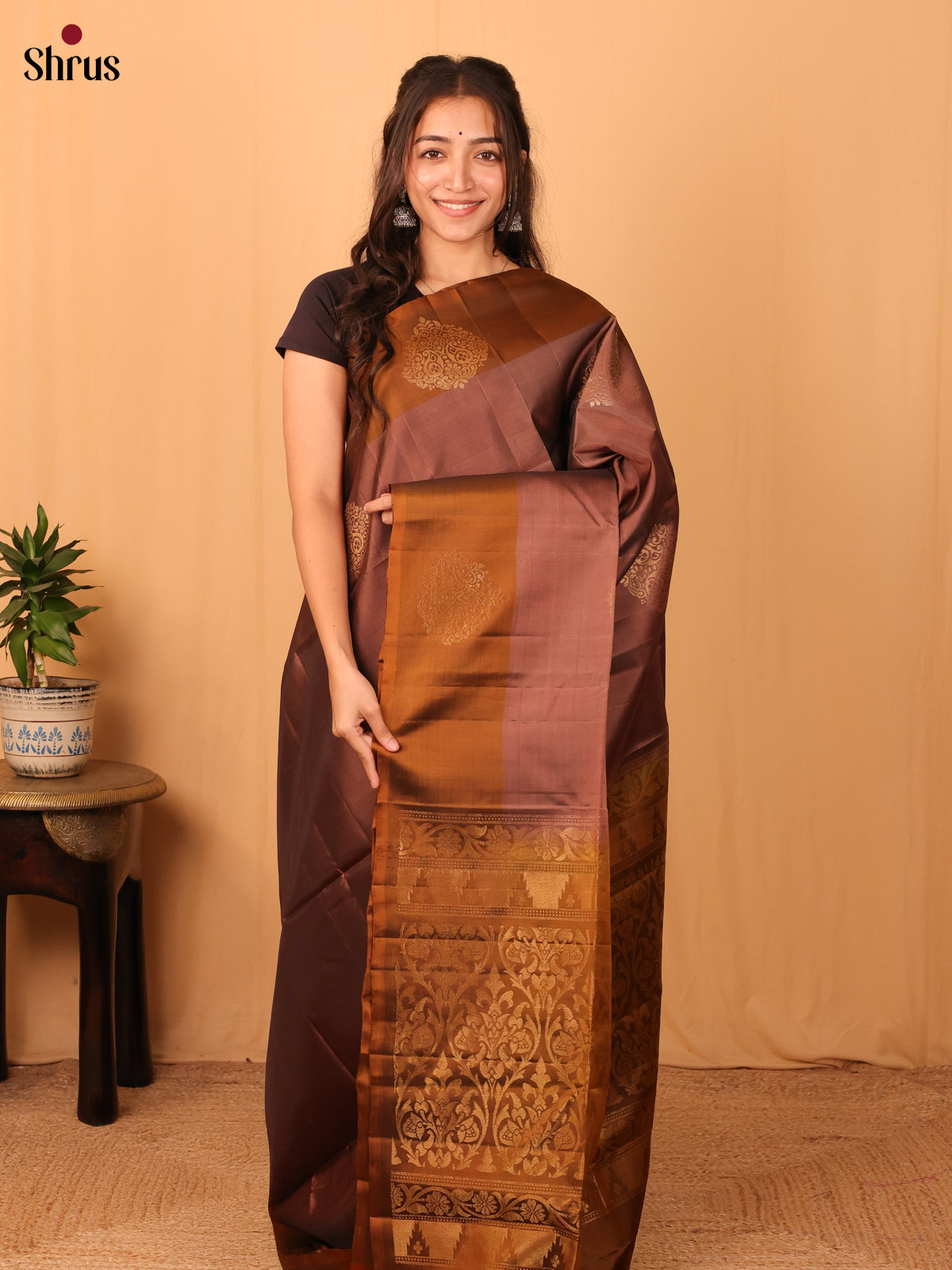 Brown & Mehandi - Softsilk-halfpure Saree - Shop on Shrus.com