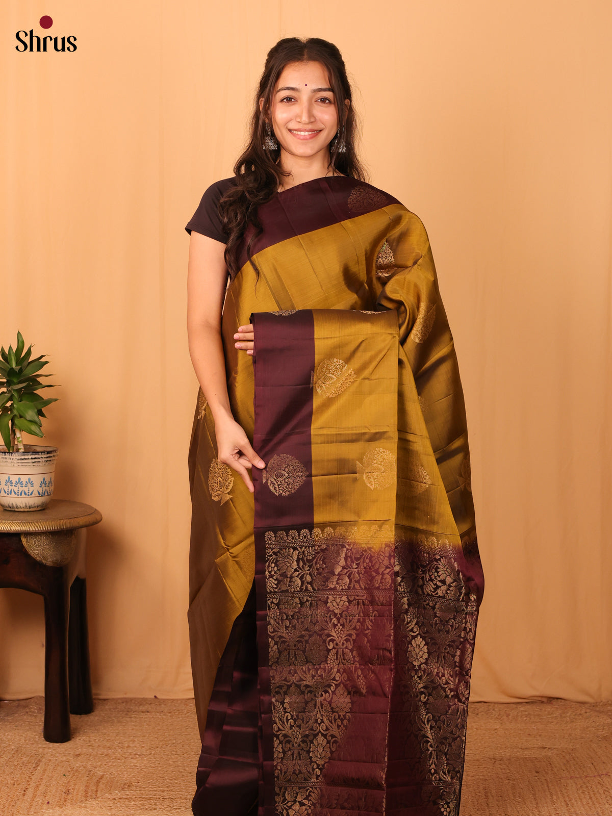 Mehandi & brown - Softsilk-halfpure Saree - Shop on Shrus.com