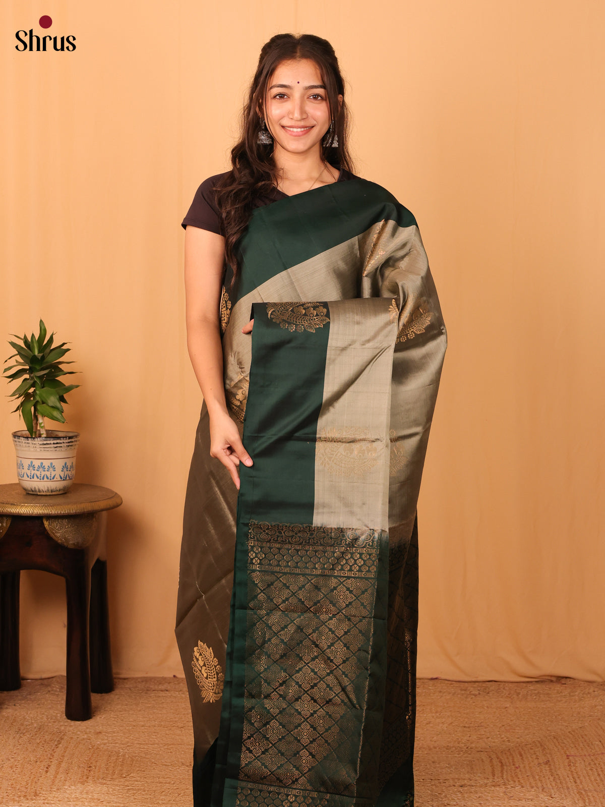 Grey & Green - Softsilk-halfpure Saree - Shop on Shrus.com