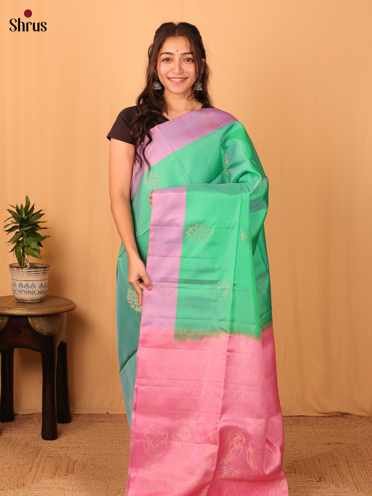 Green & Pink - Softsilk-halfpure Saree - Shop on Shrus.com