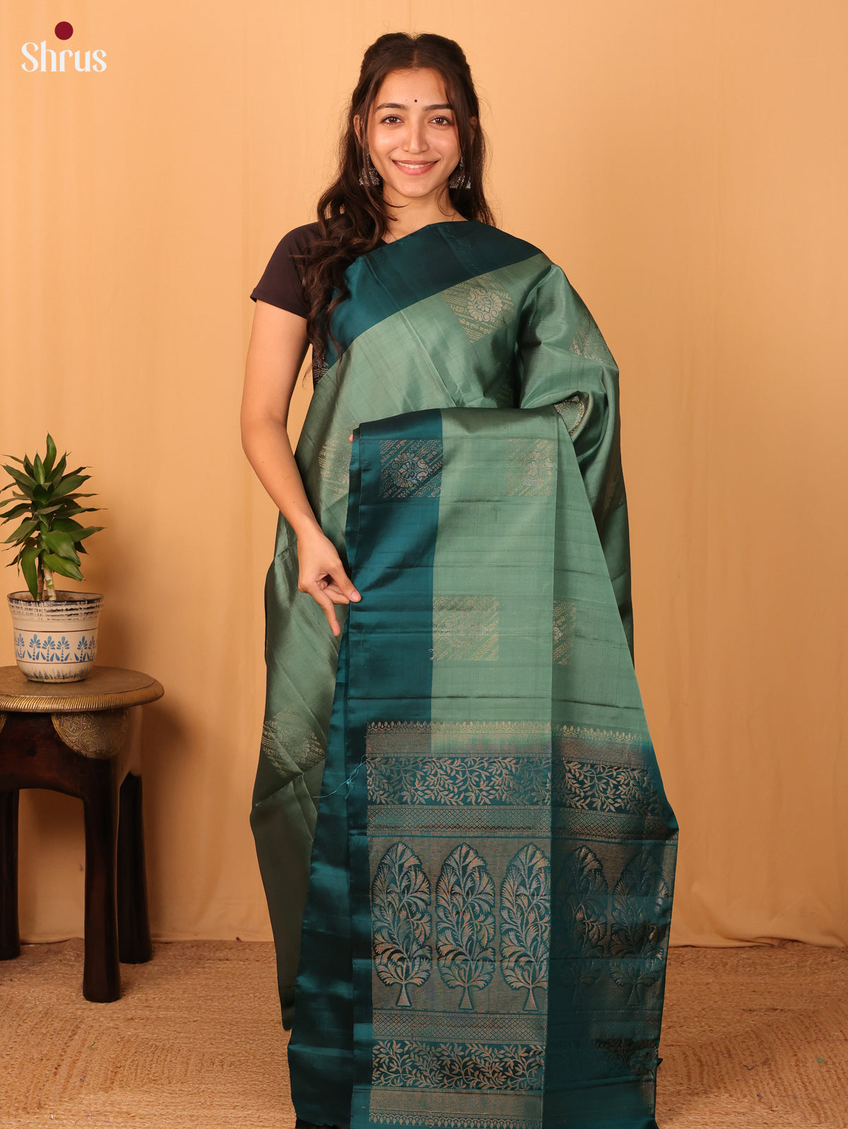 Pastel Green & Green - Softsilk-halfpure Saree - Shop on Shrus.com