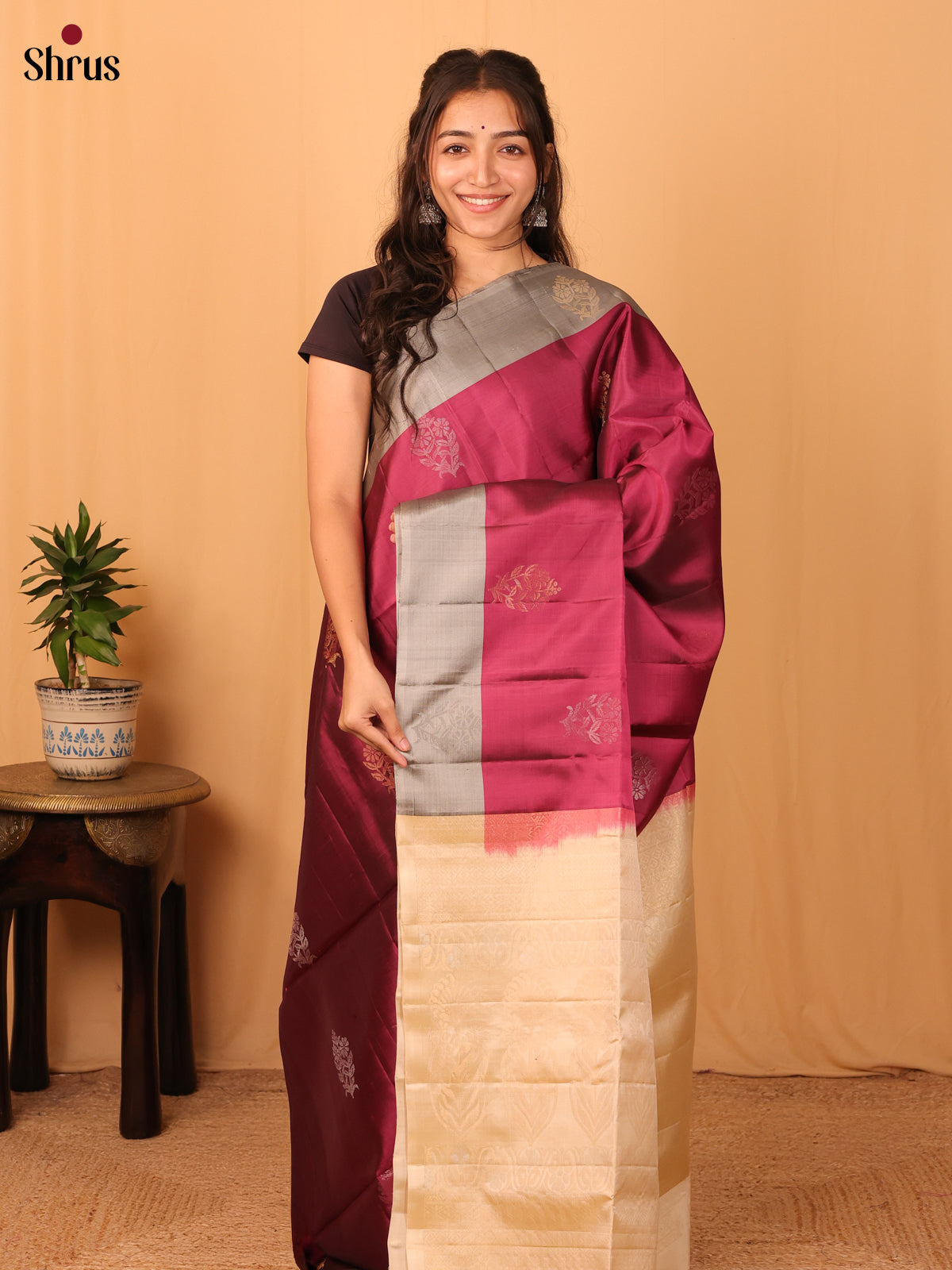Maroon & Cream - Softsilk-halfpure Saree - Shop on Shrus.com