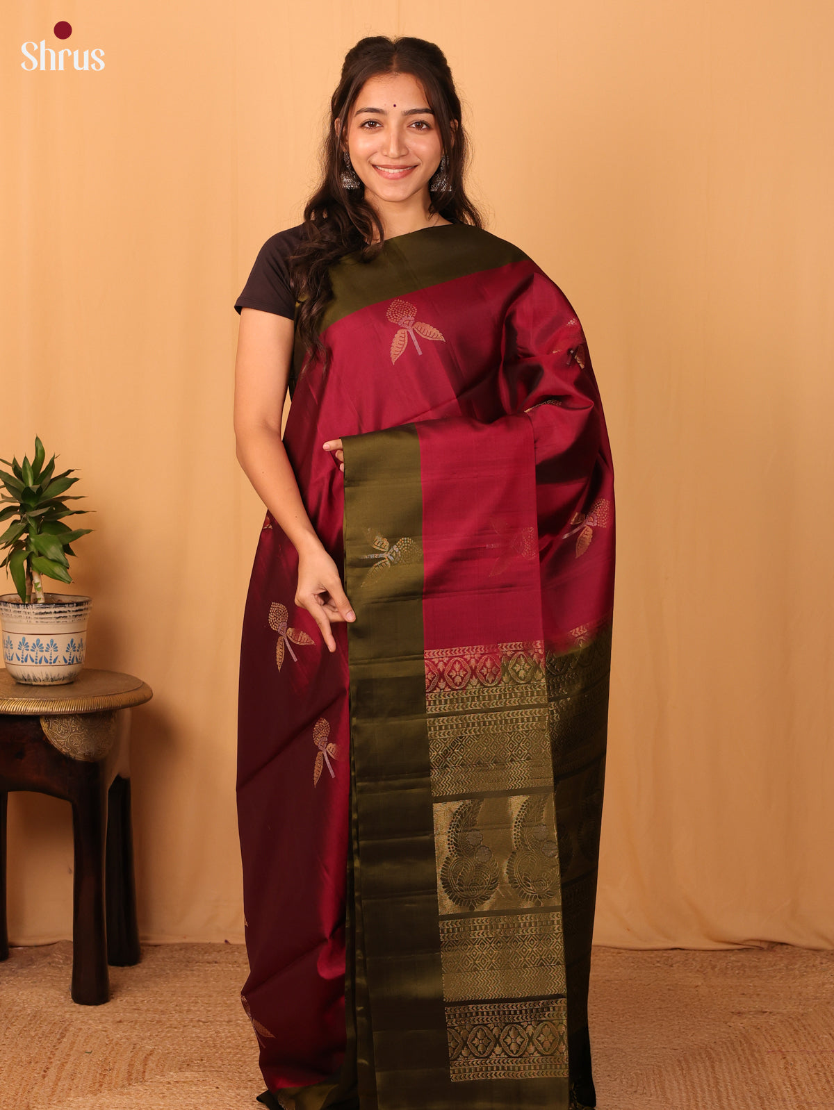 Maroon & Green - Softsilk-halfpure Saree - Shop on Shrus.com