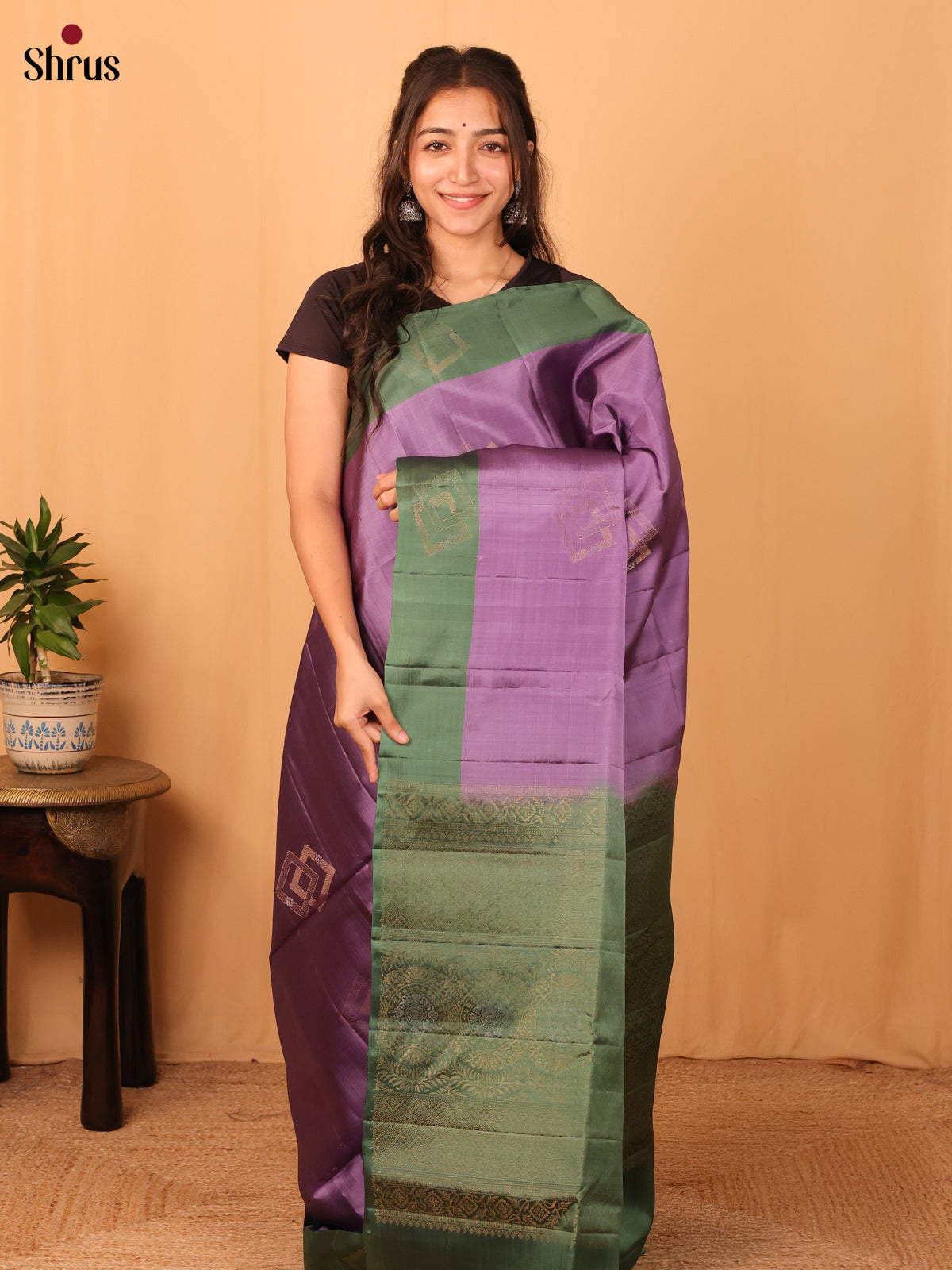 Purple & Green - Softsilk-halfpure Saree - Shop on Shrus.com