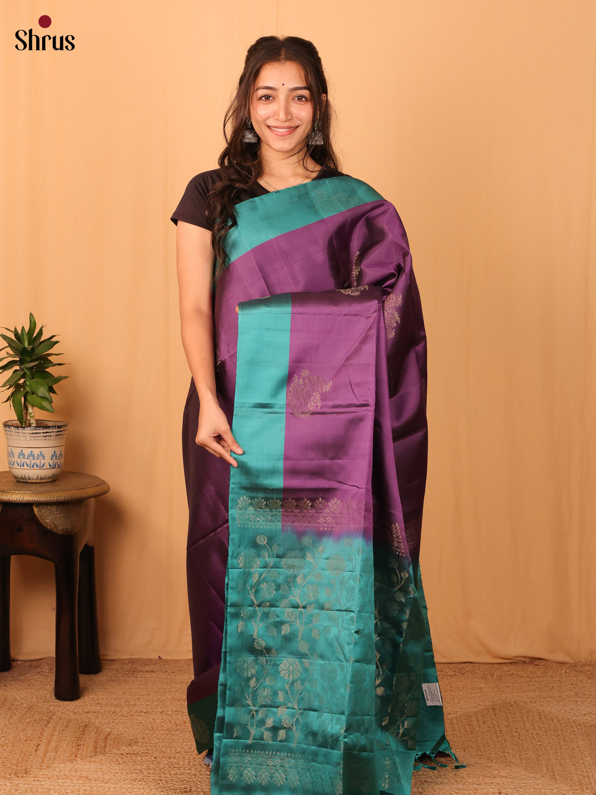 Violet & Teal- Softsilk-halfpure Saree - Shop on Shrus.com