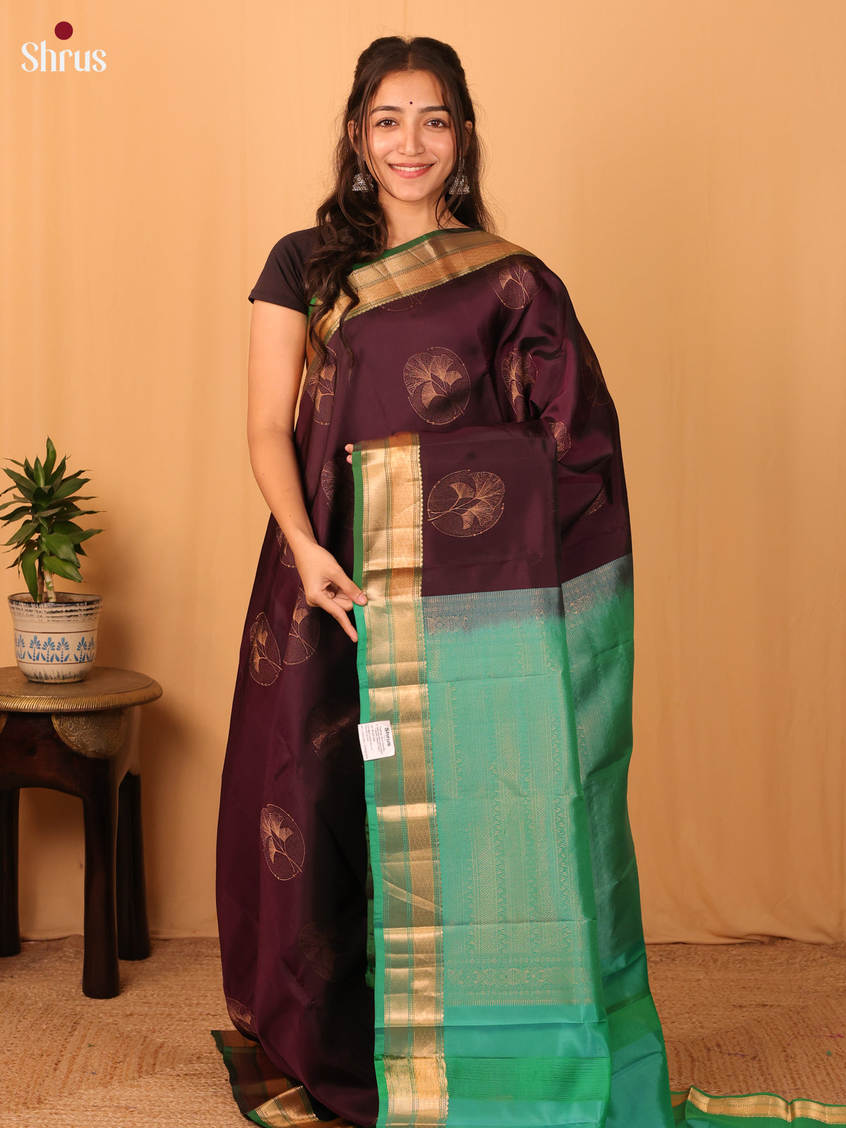 Brown & Green - Kanchipuram-halfpure Saree - Shop on Shrus.com