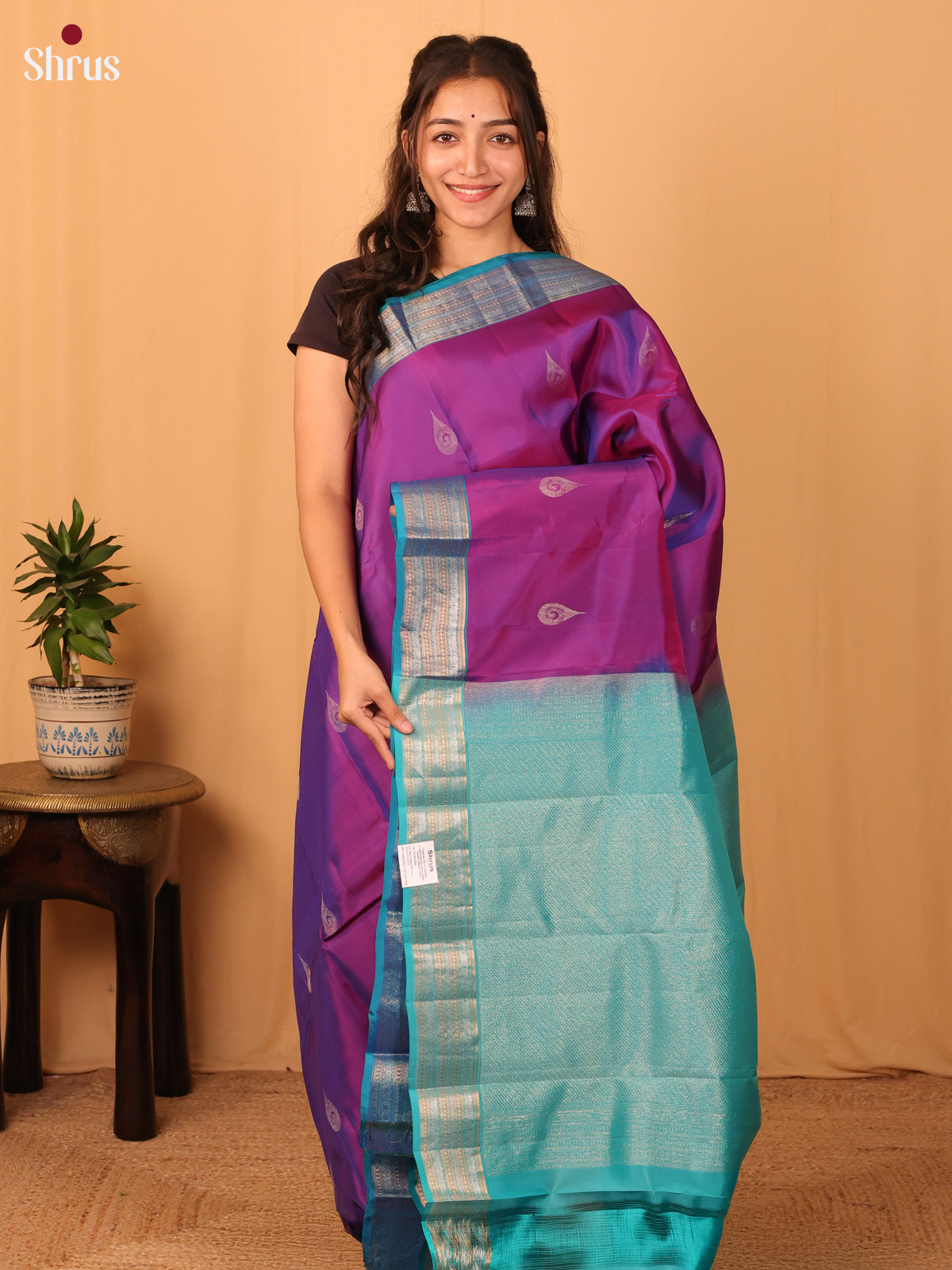 Purple & Teal - Kanchipuram-halfpure Saree - Shop on Shrus.com