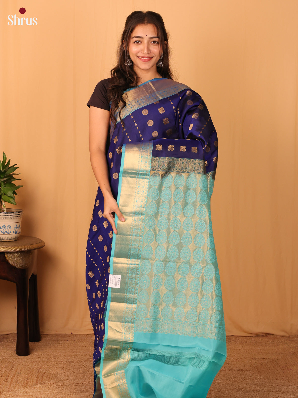 Blue & Teal- Kanchipuram-halfpure Saree - Shop on Shrus.com