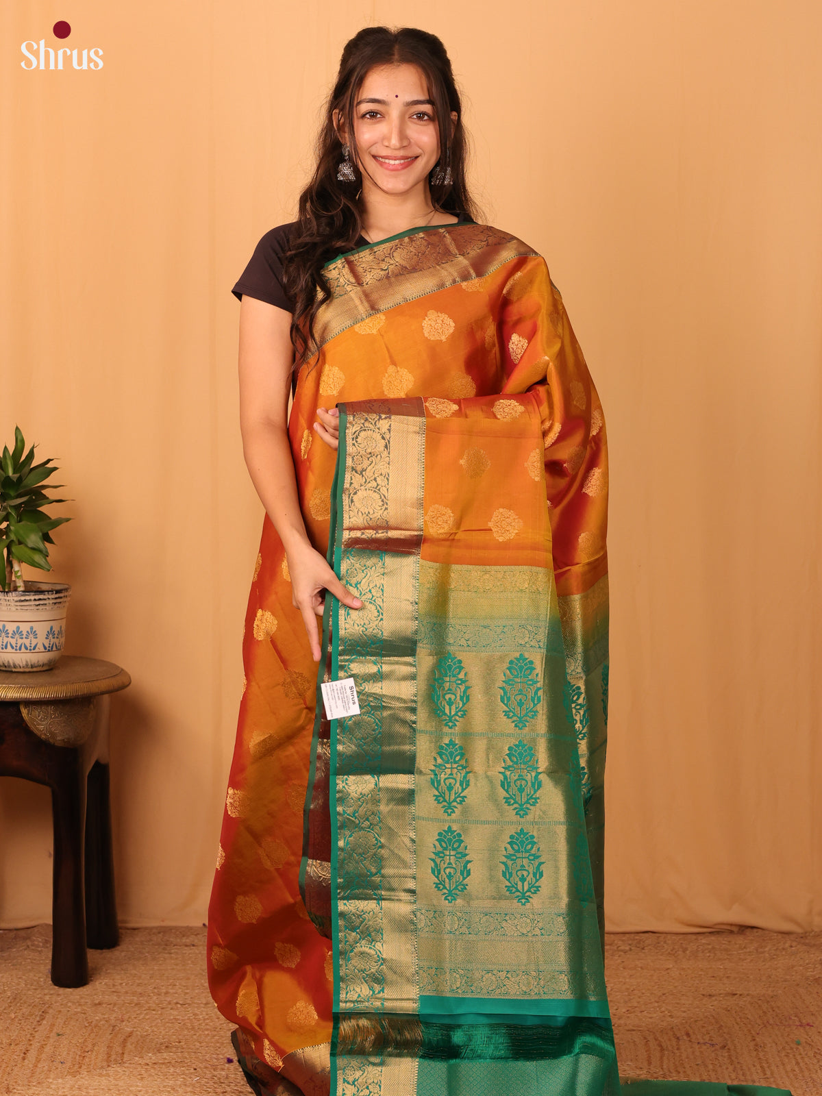 Mustard & Green- Kanchipuram-halfpure Saree - Shop on Shrus.com
