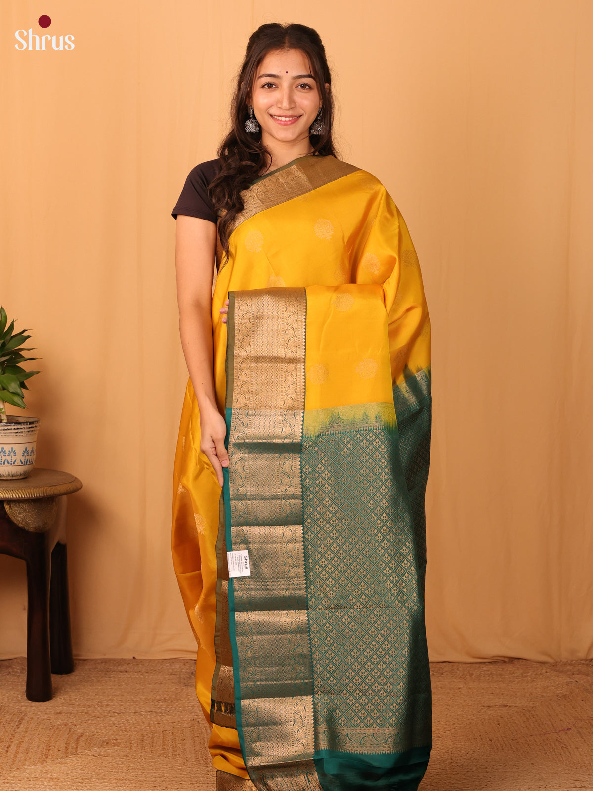 Mustard & Green- Kanchipuram-halfpure Saree - Shop on Shrus.com