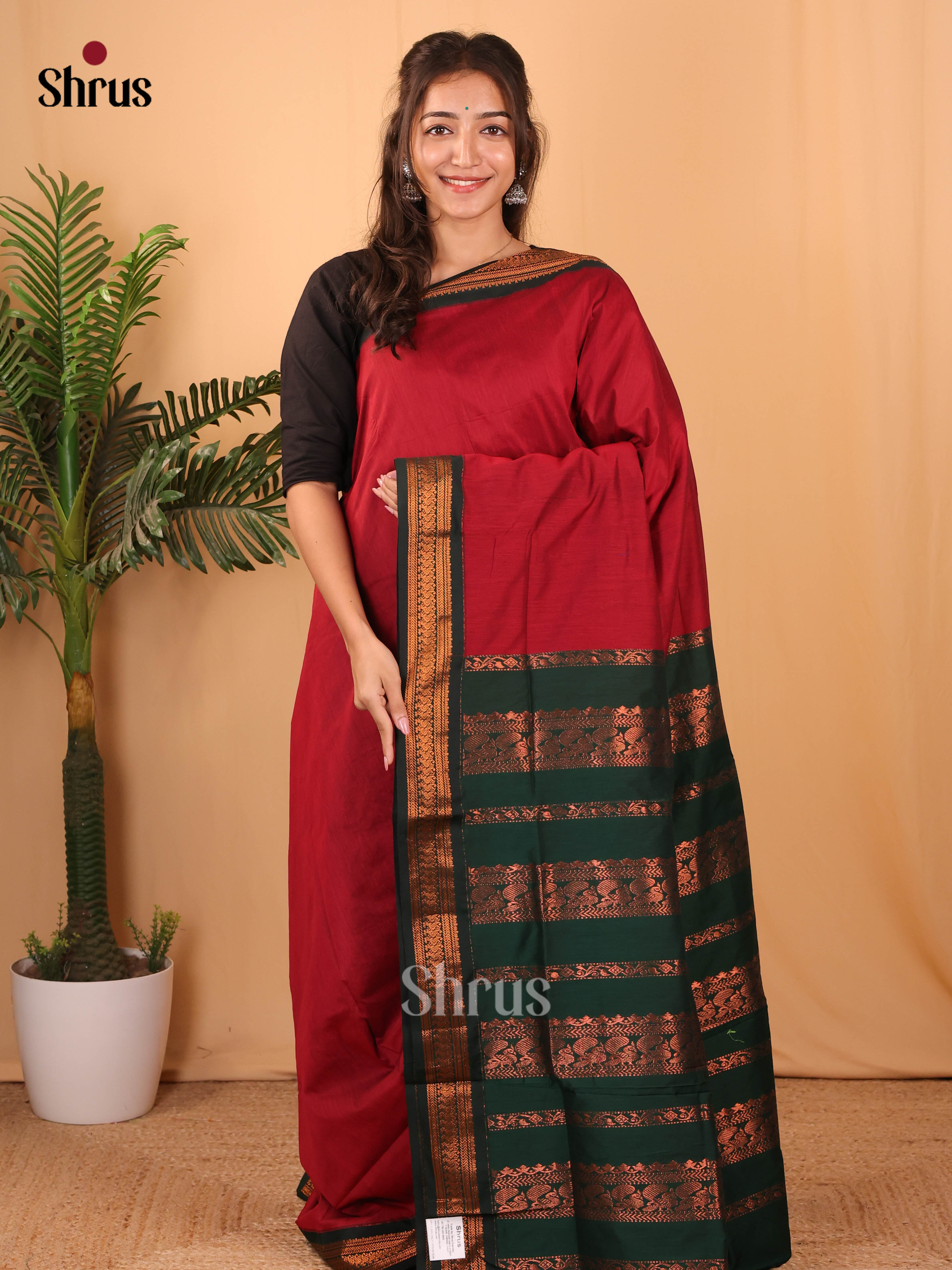 Maroon & Green- Kalyani Cotton Saree - Shop on Shrus.com