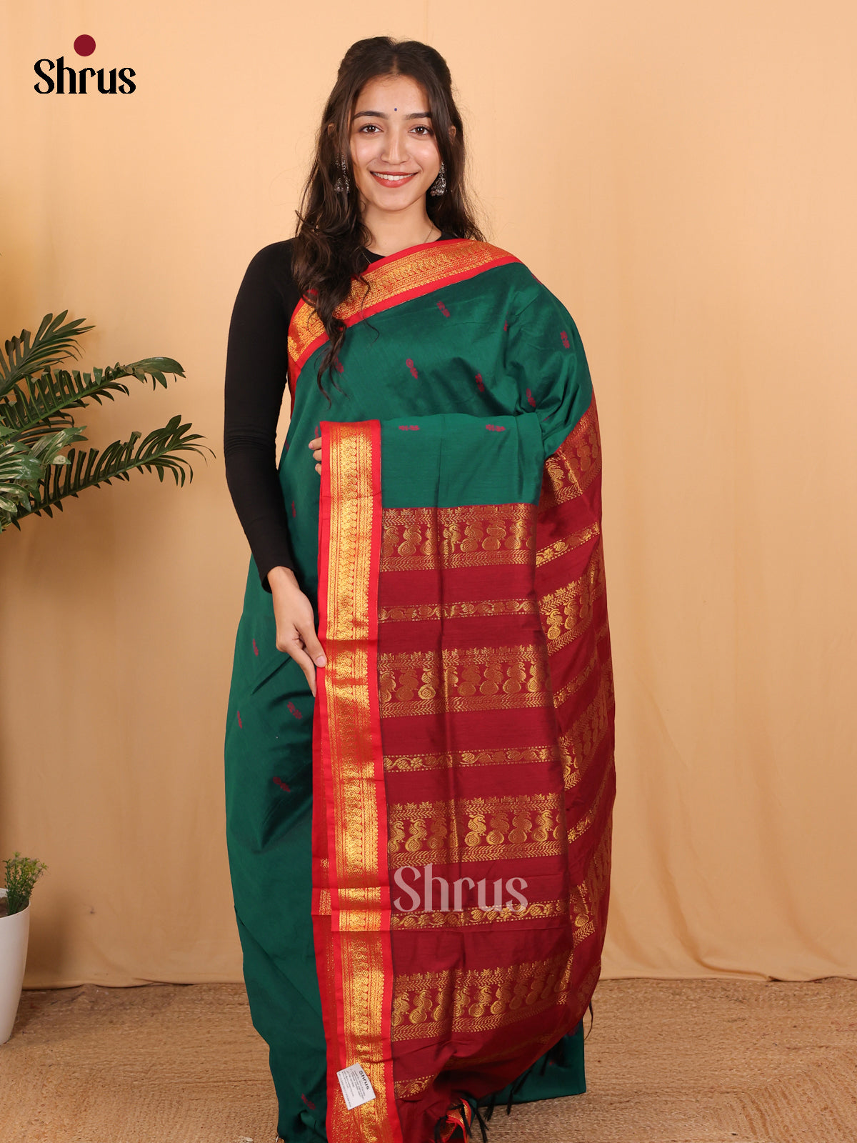 Peacock Green & Maroon - Kalyani Cotton Saree - Shop on Shrus.com