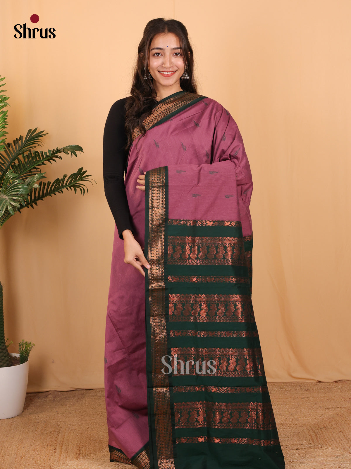 Onion Pink & Green- Kalyani Cotton Saree - Shop on Shrus.com
