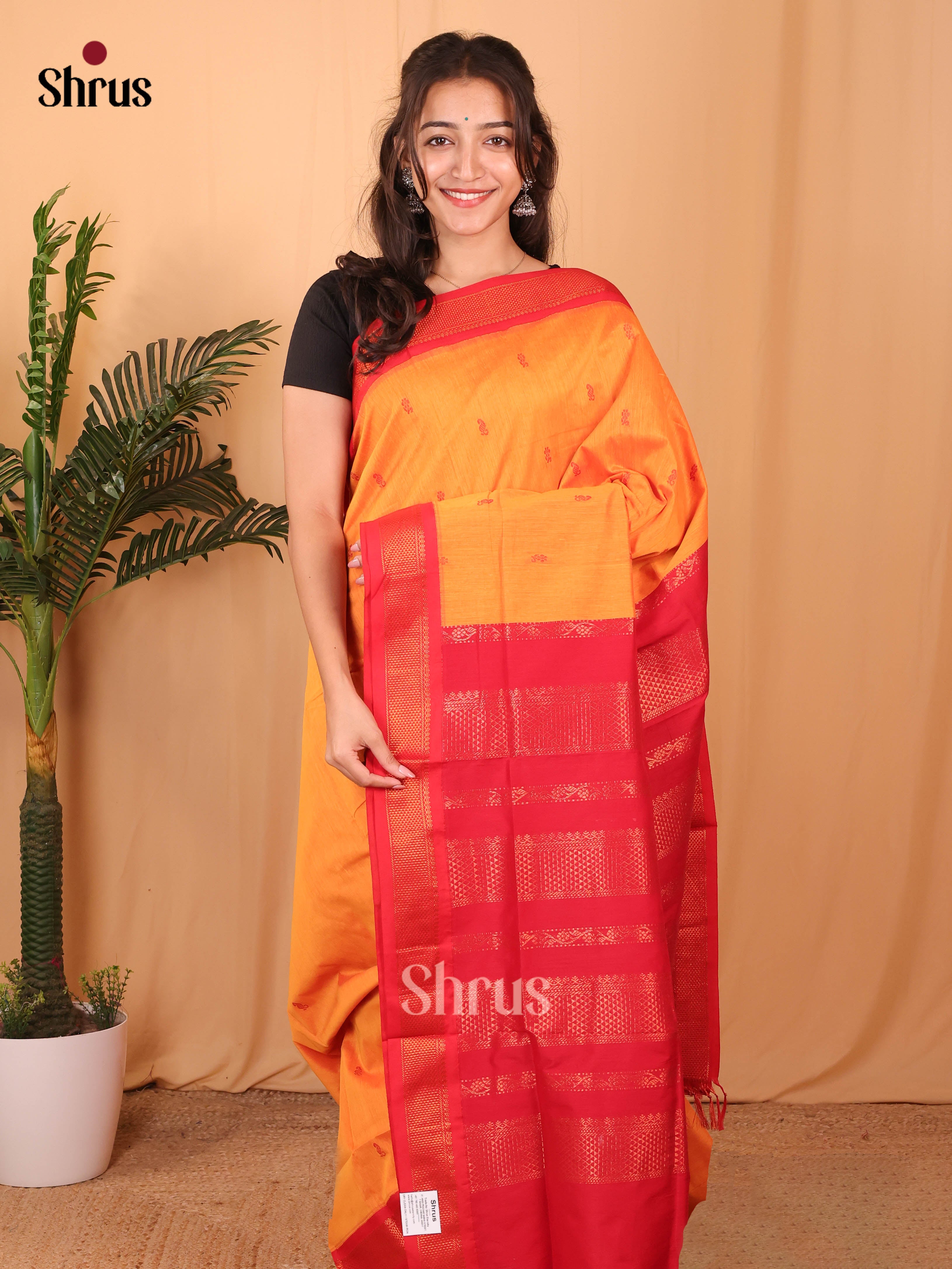 Orange & Red- Kalyani Cotton Saree - Shop on Shrus.com