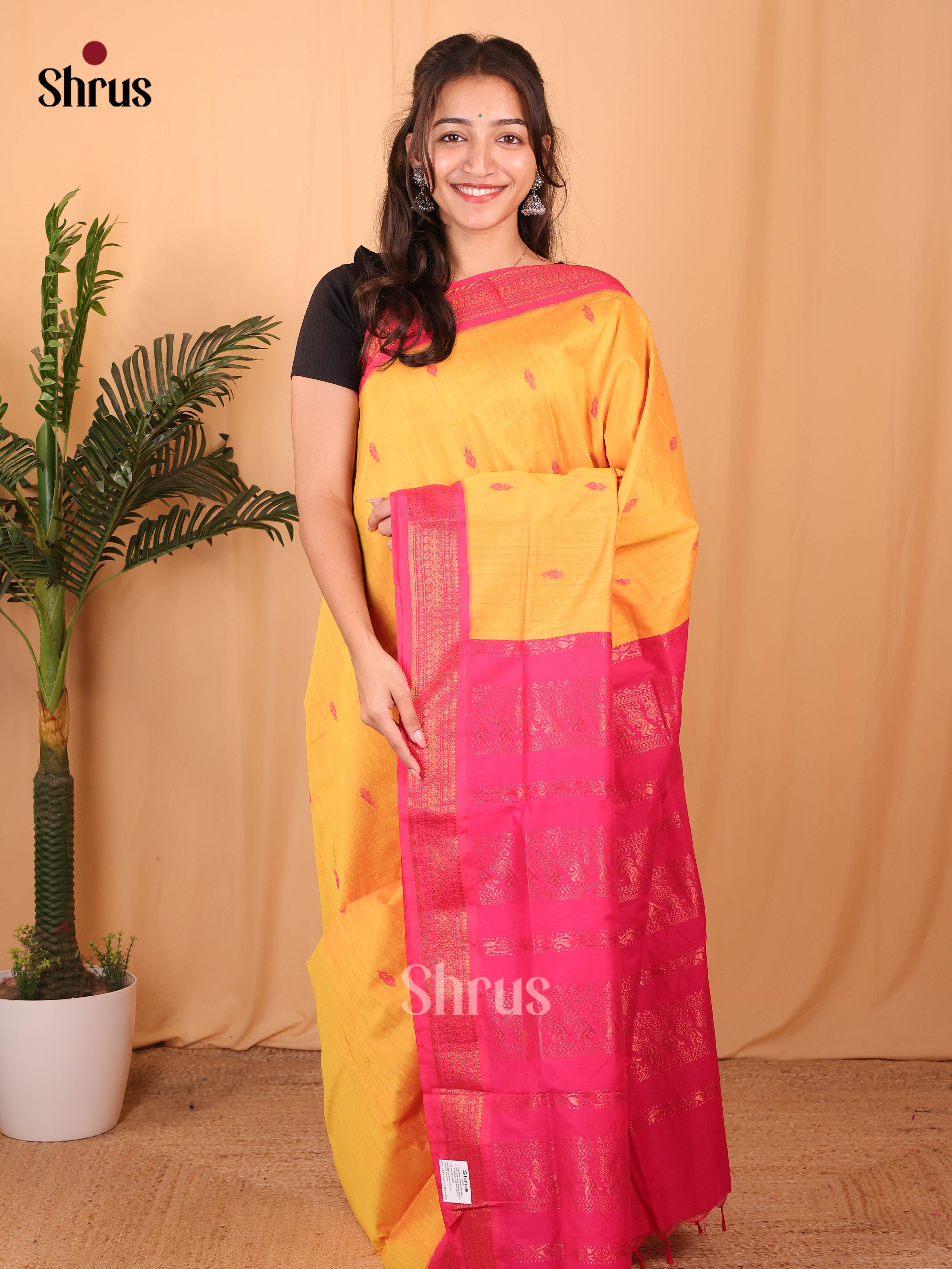 Yellow & Pink - Kalyani Cotton Saree - Shop on Shrus.com