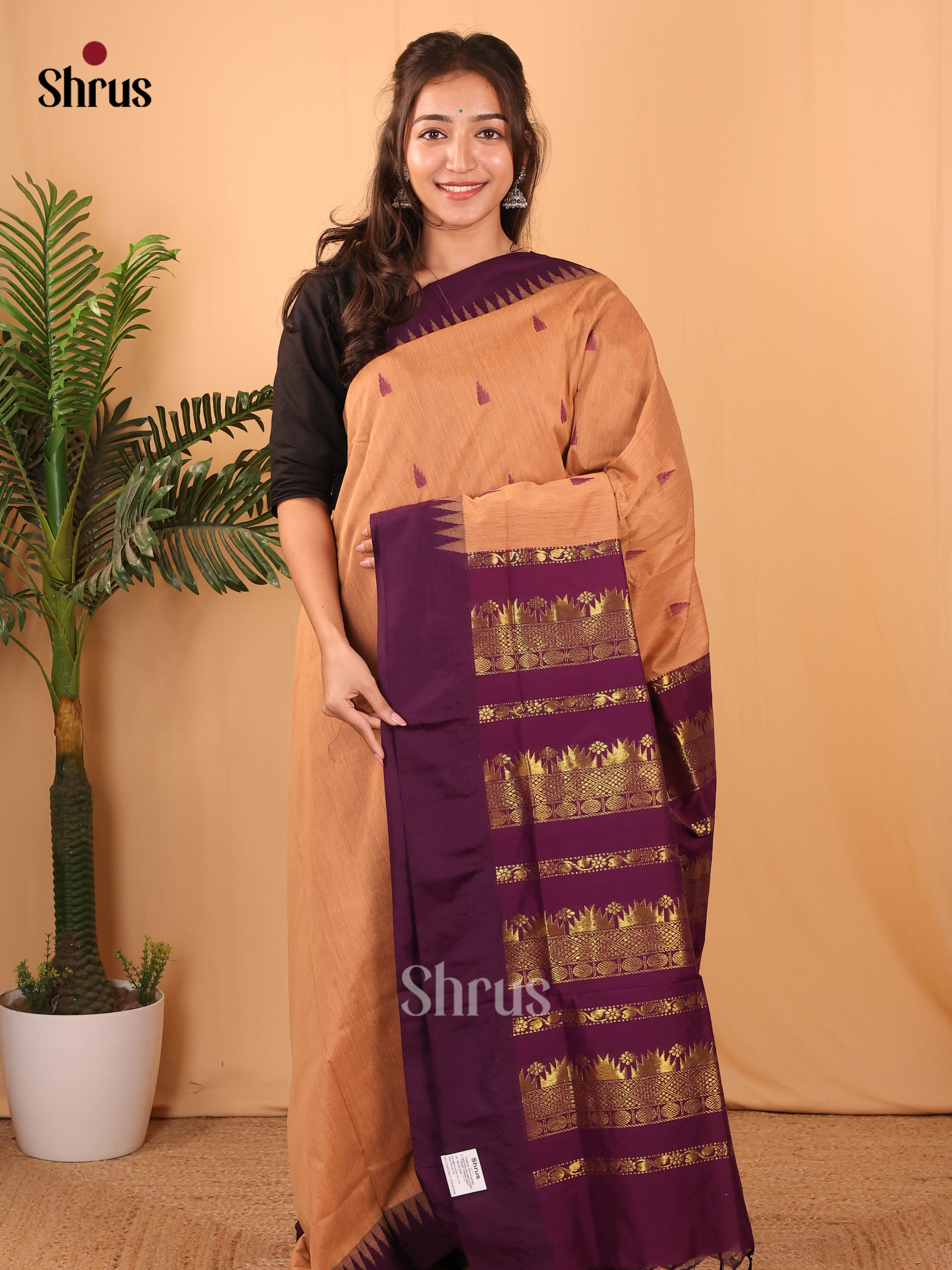 Lite Brown & Purple - Kalyani Cotton Saree - Shop on Shrus.com