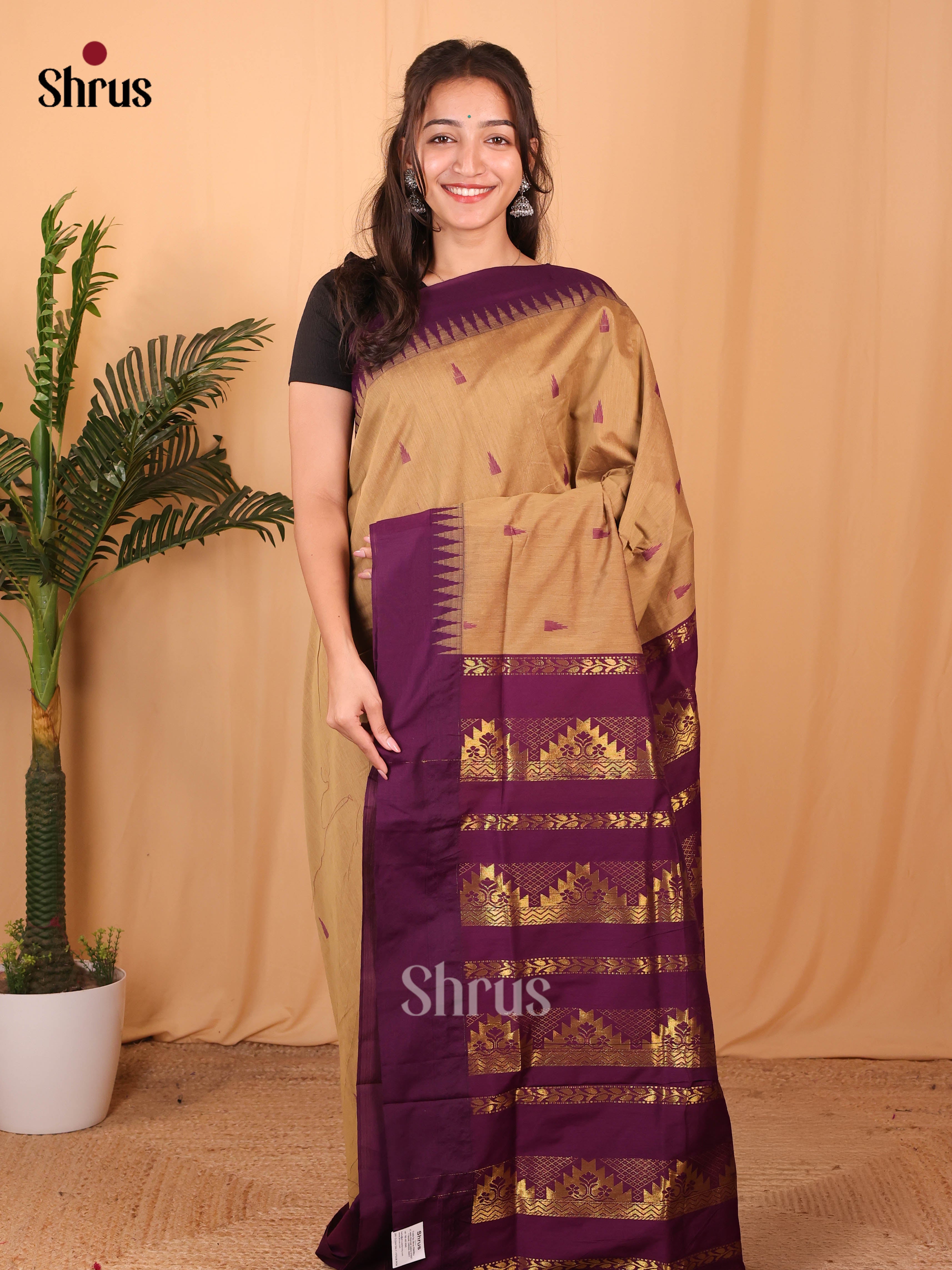 Beige & Violet - Kalyani Cotton Saree - Shop on Shrus.com