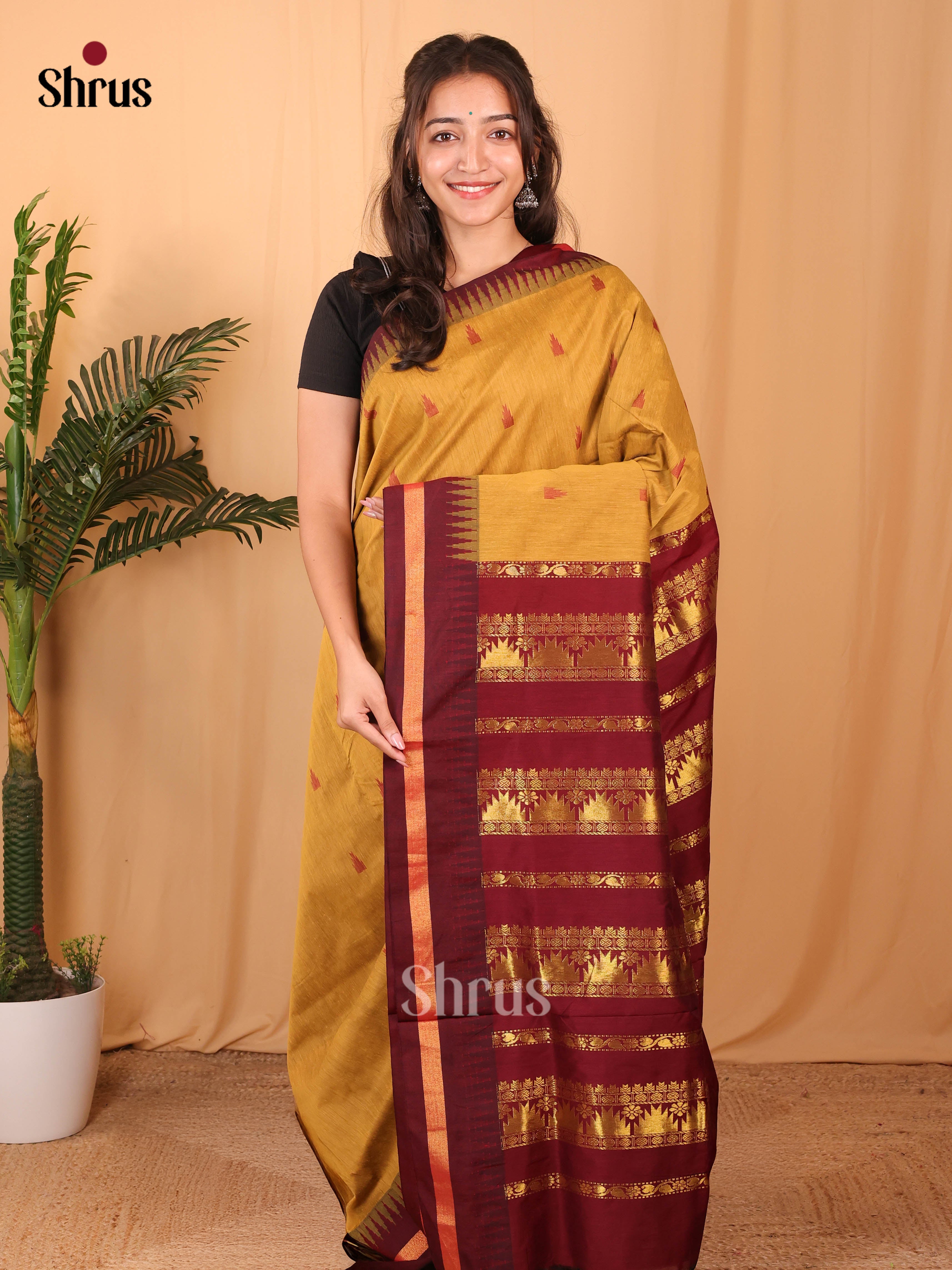 Mustard & Maroon- Kalyani Cotton Saree - Shop on Shrus.com