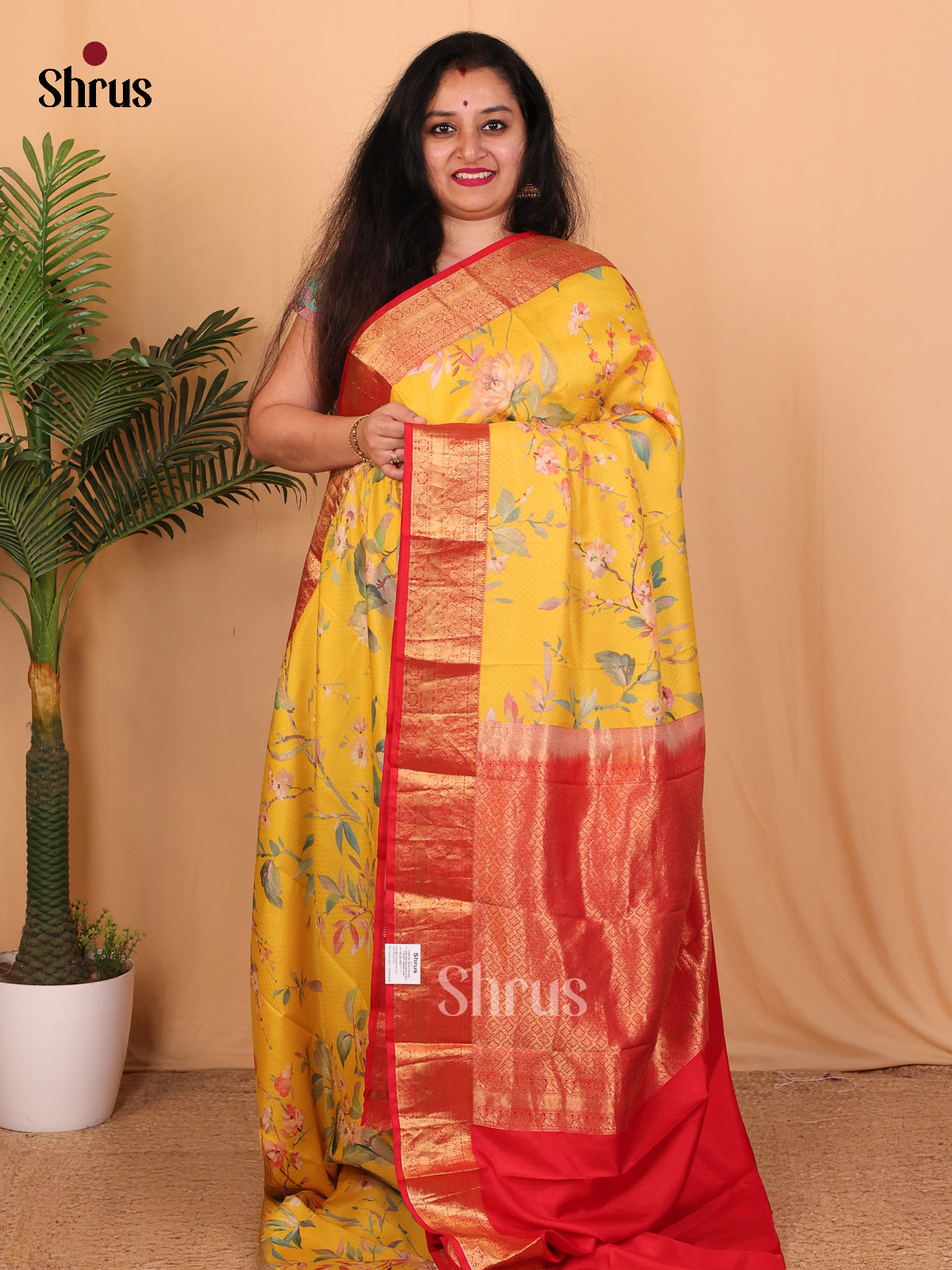 Yellow & Red- Kanchipuram silk Saree - Shop on Shrus.com