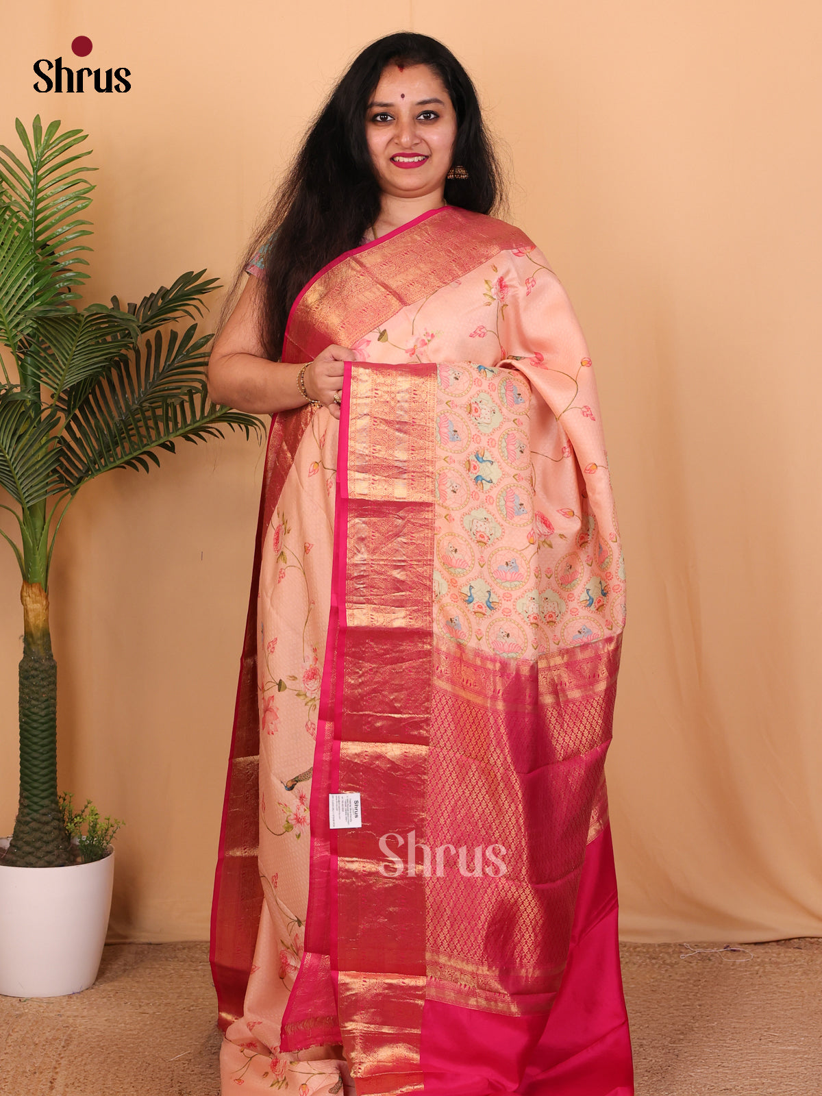 Peach & Pink- Kanchipuram silk Saree - Shop on Shrus.com