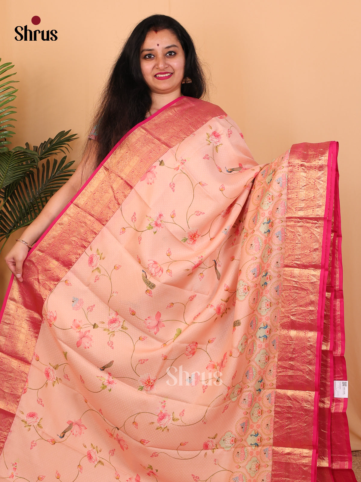 Peach & Pink- Kanchipuram silk Saree - Shop on Shrus.com