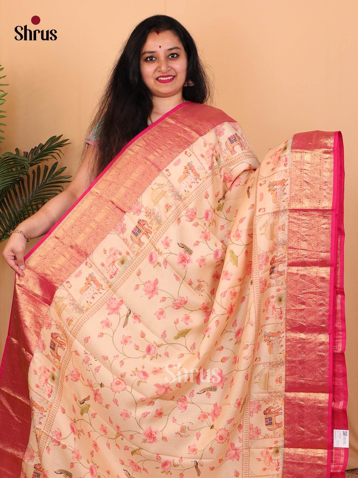 Peach & Pink- Kanchipuram silk Saree - Shop on Shrus.com