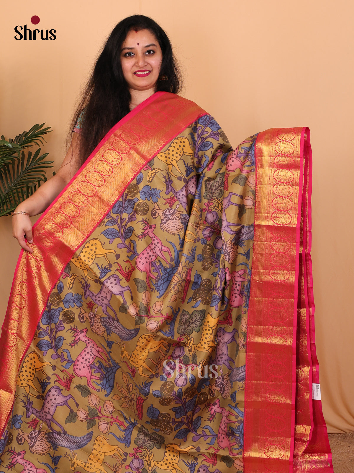 Olive Green and Pink Kanchipuram silk Saree With Animal Prints - Shop on Shrus.com