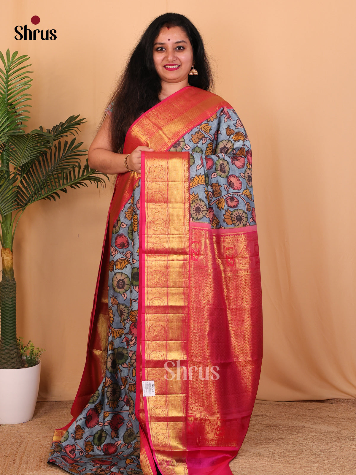 Lite Blue and pink Kanchipuram silk Saree With Beautiful Floral Prints-1