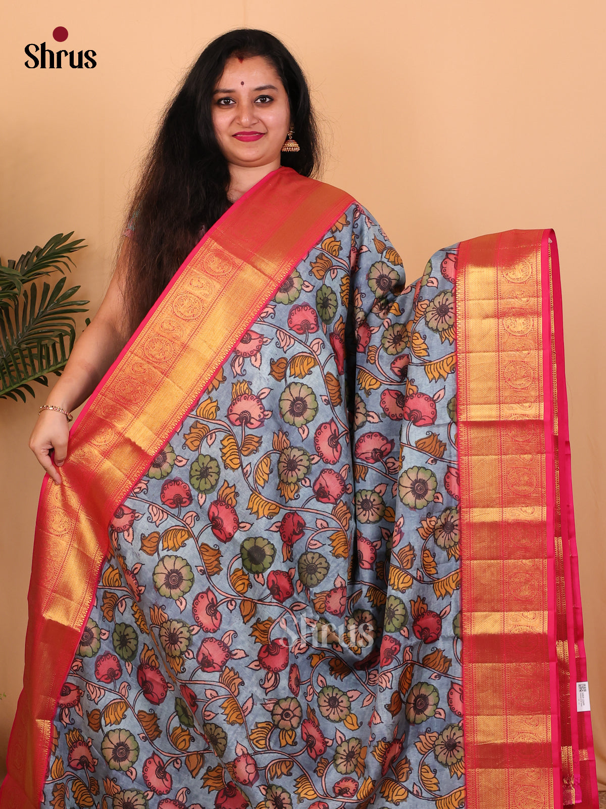 Lite Blue and pink Kanchipuram silk Saree With Beautiful Floral Prints-2