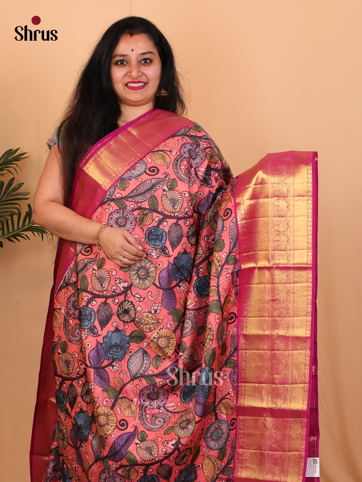 Rose Pink Kanchipuram silk Saree With Beautiful Floral Prints-2
