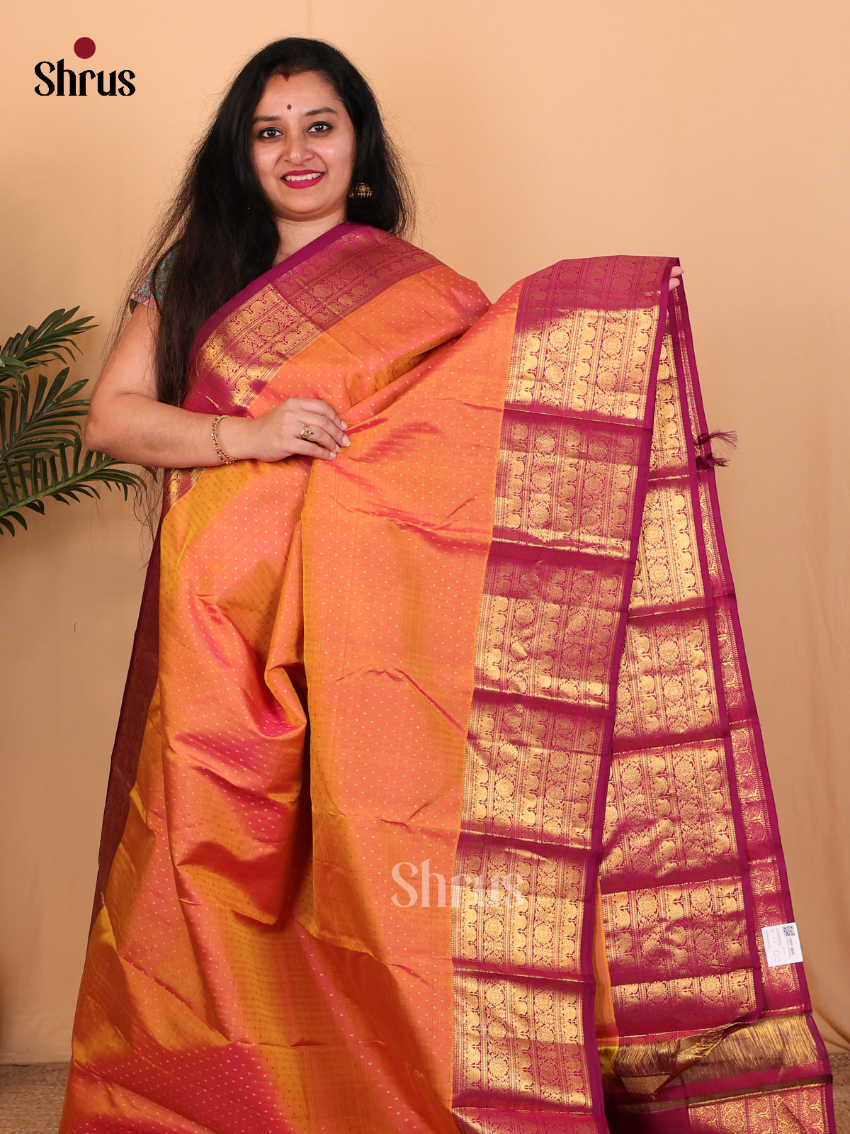 Orange & Purple - Kanchipuram silk Saree - Shop on Shrus.com