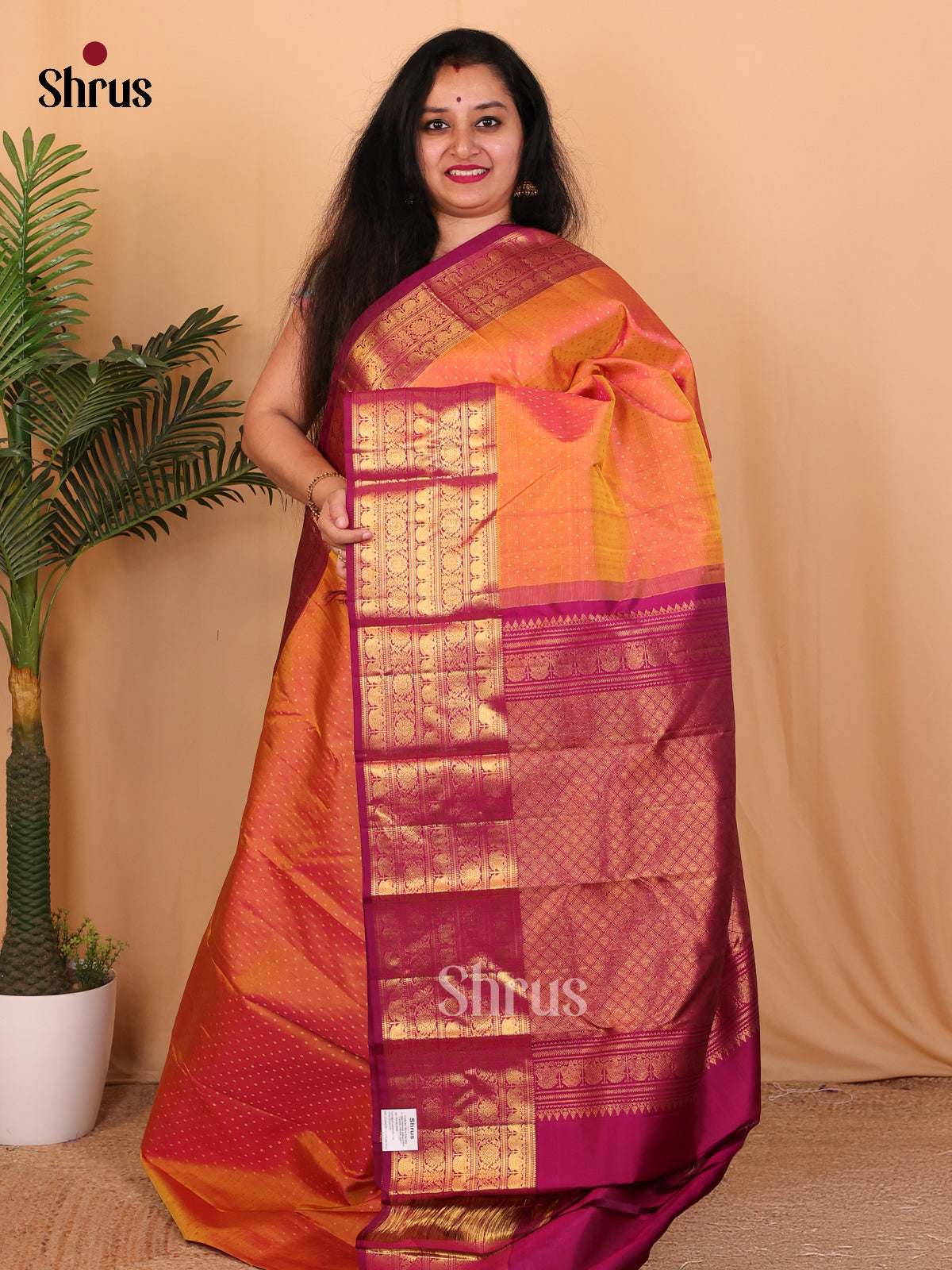 Orange & Purple - Kanchipuram silk Saree - Shop on Shrus.com