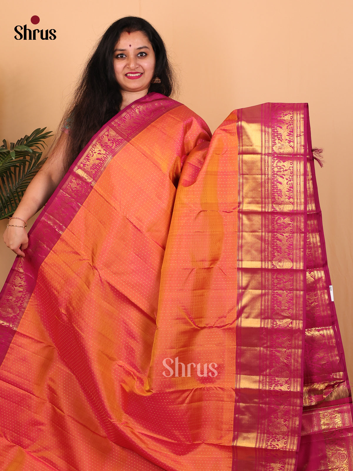 Orange & Pink - Kanchipuram silk Saree - Shop on Shrus.com