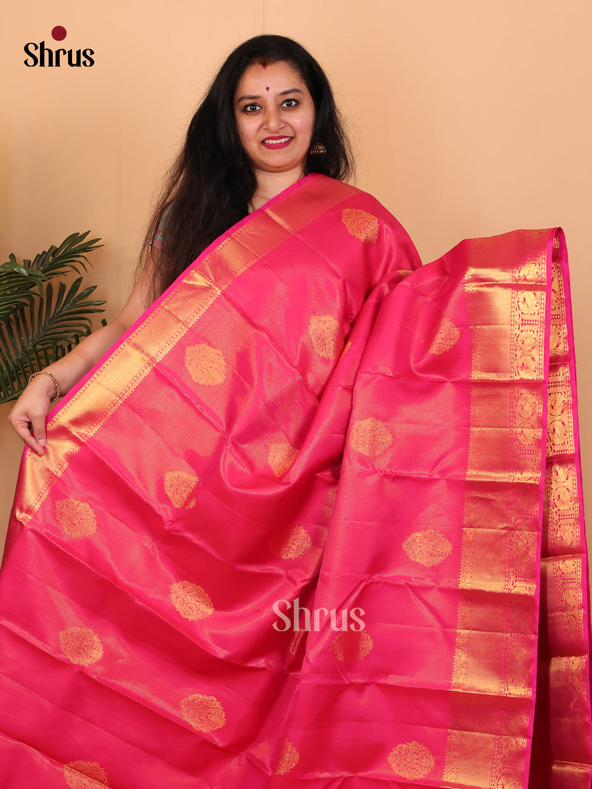 Single Tone Pink Kanchipuram silk Saree With Pure Zari Woven Stripes and Motifs - Shop on Shrus.com