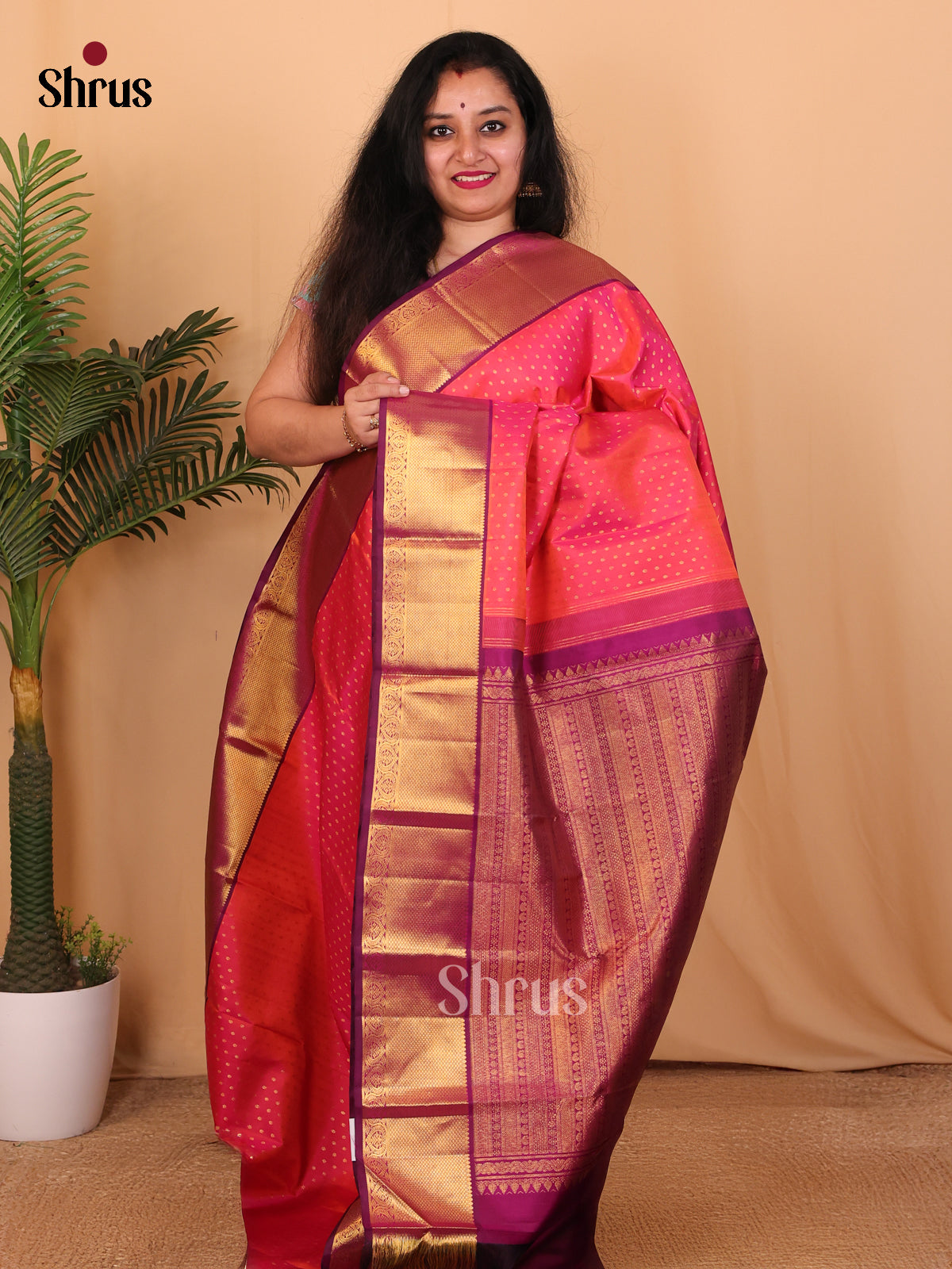 Orangish Pink & Purple - Kanchipuram silk Saree - Shop on Shrus.com