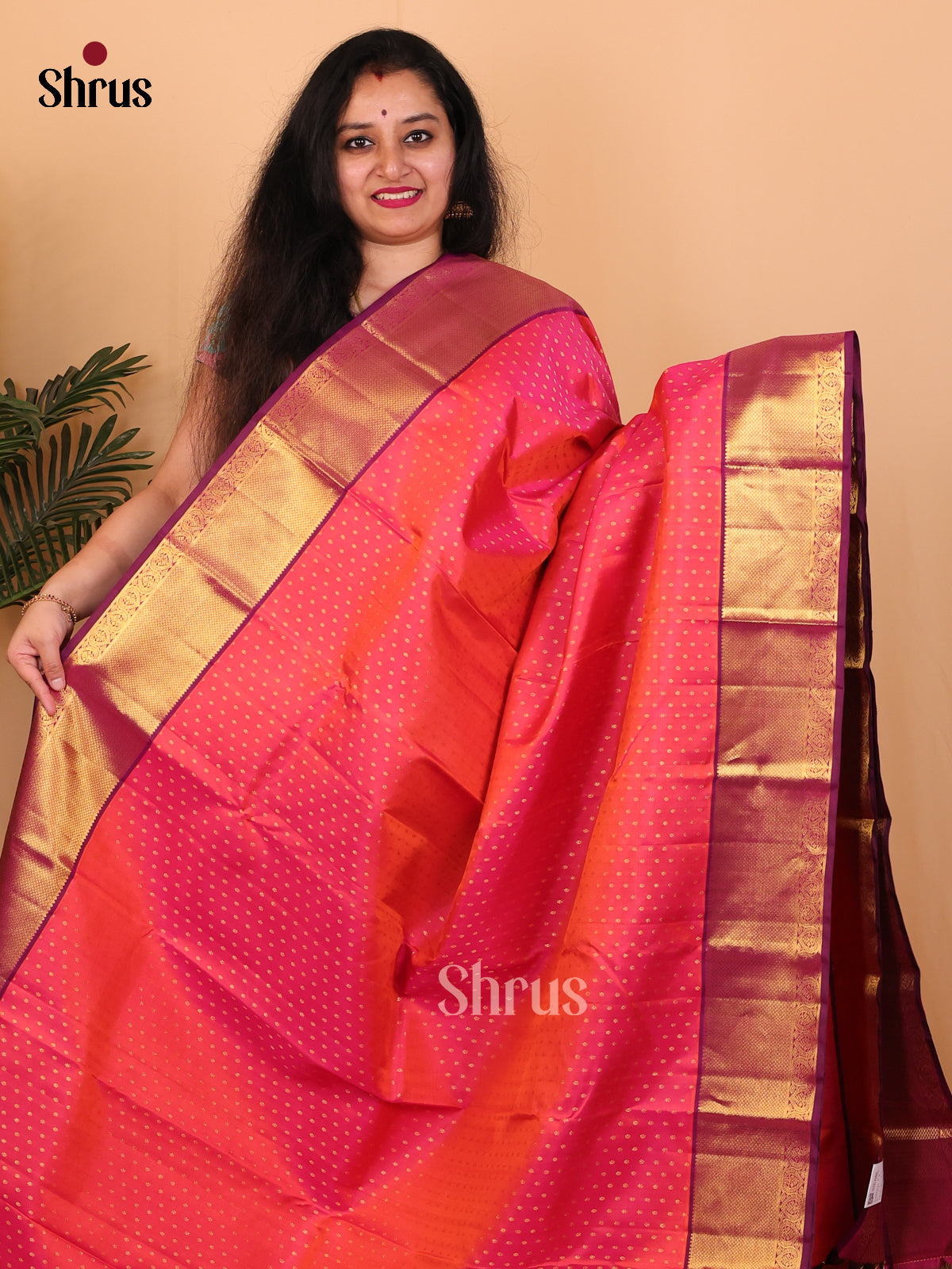 Orangish Pink & Purple - Kanchipuram silk Saree - Shop on Shrus.com