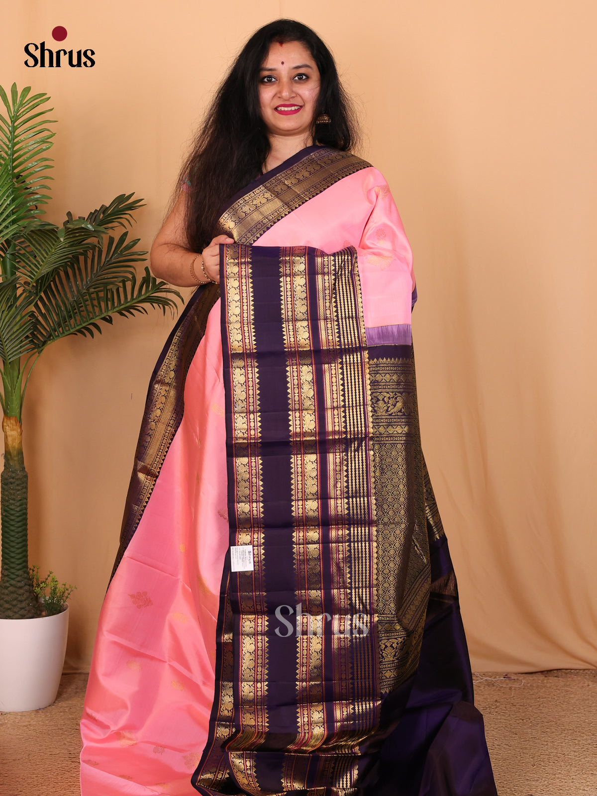 Pink and Violet Kanchipuram silk Saree With Pure Zari Woven Floral Motifs - Shop on Shrus.com