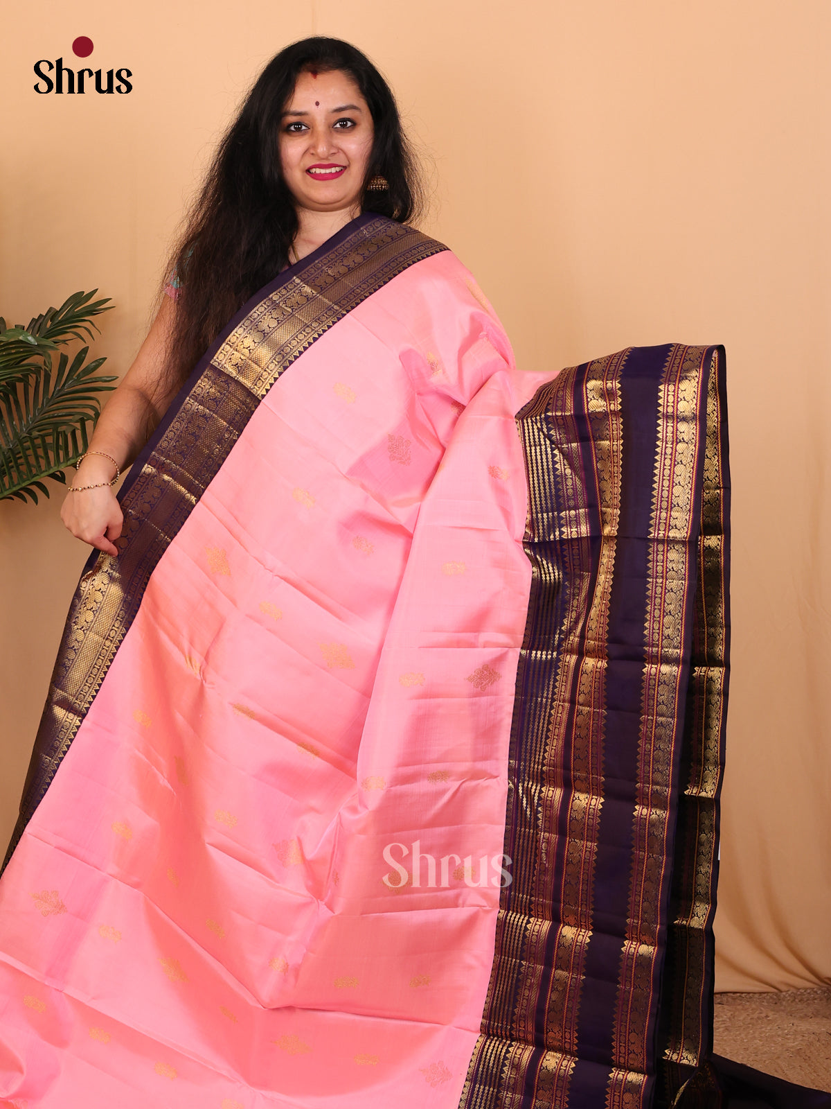 Pink and Violet Kanchipuram silk Saree With Pure Zari Woven Floral Motifs - Shop on Shrus.com