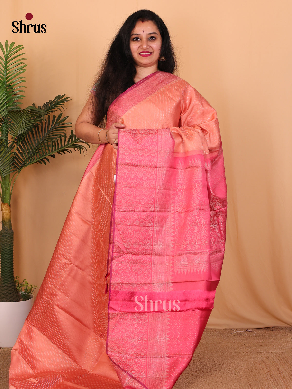 Peachish Orange and Pink Kanchipuram silk Saree With Zari Woven Body-1