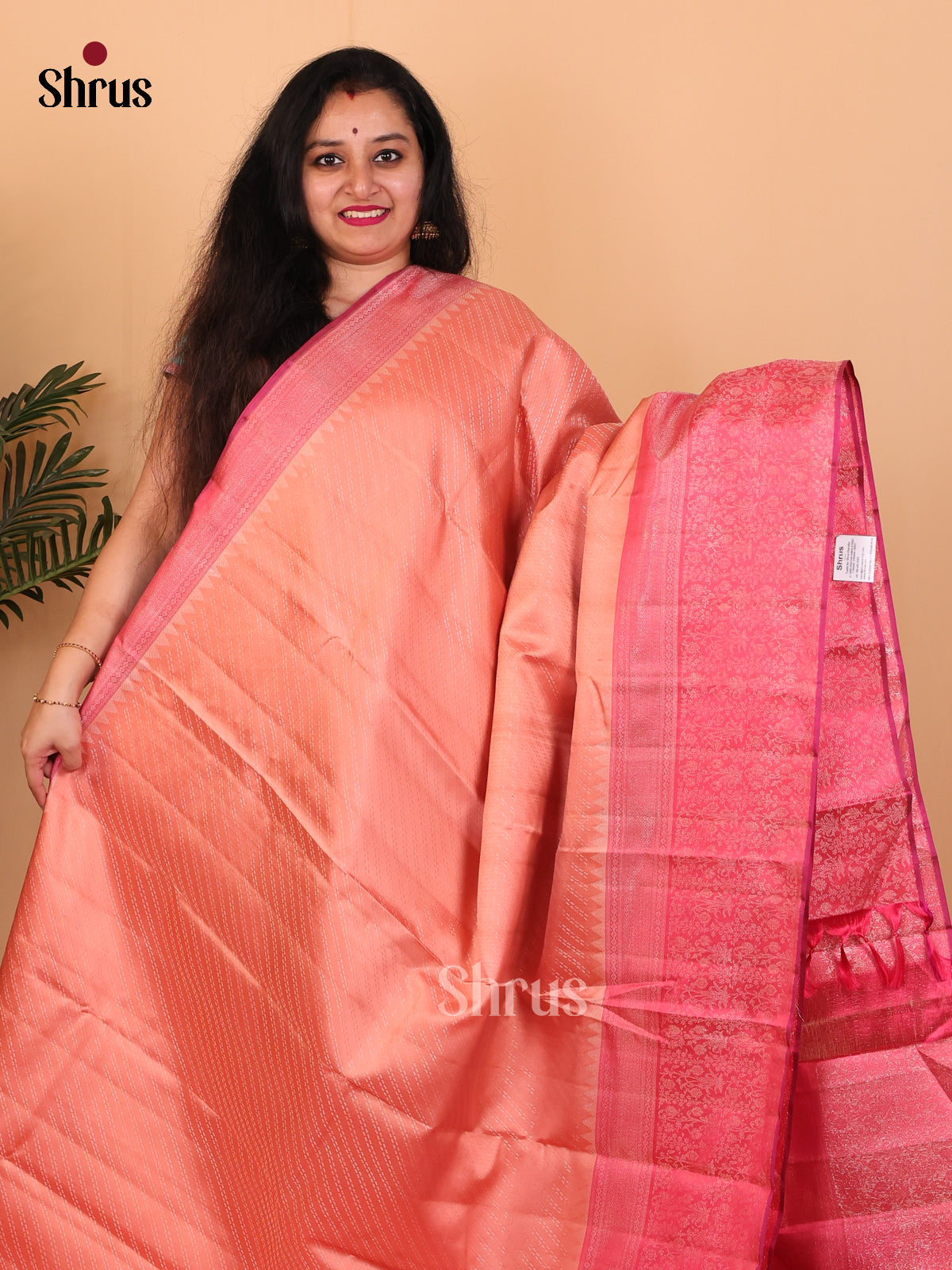 Peachish Orange and Pink Kanchipuram silk Saree With Zari Woven Body-2