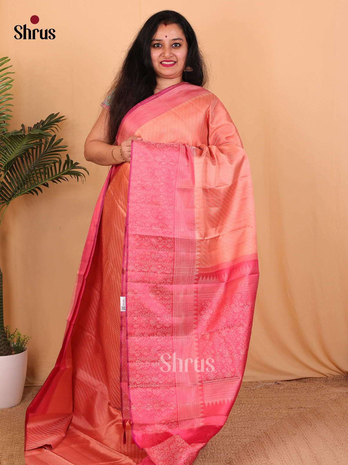 Peach and Pink Kanchipuram silk Saree With Zari Woven Stripes-1