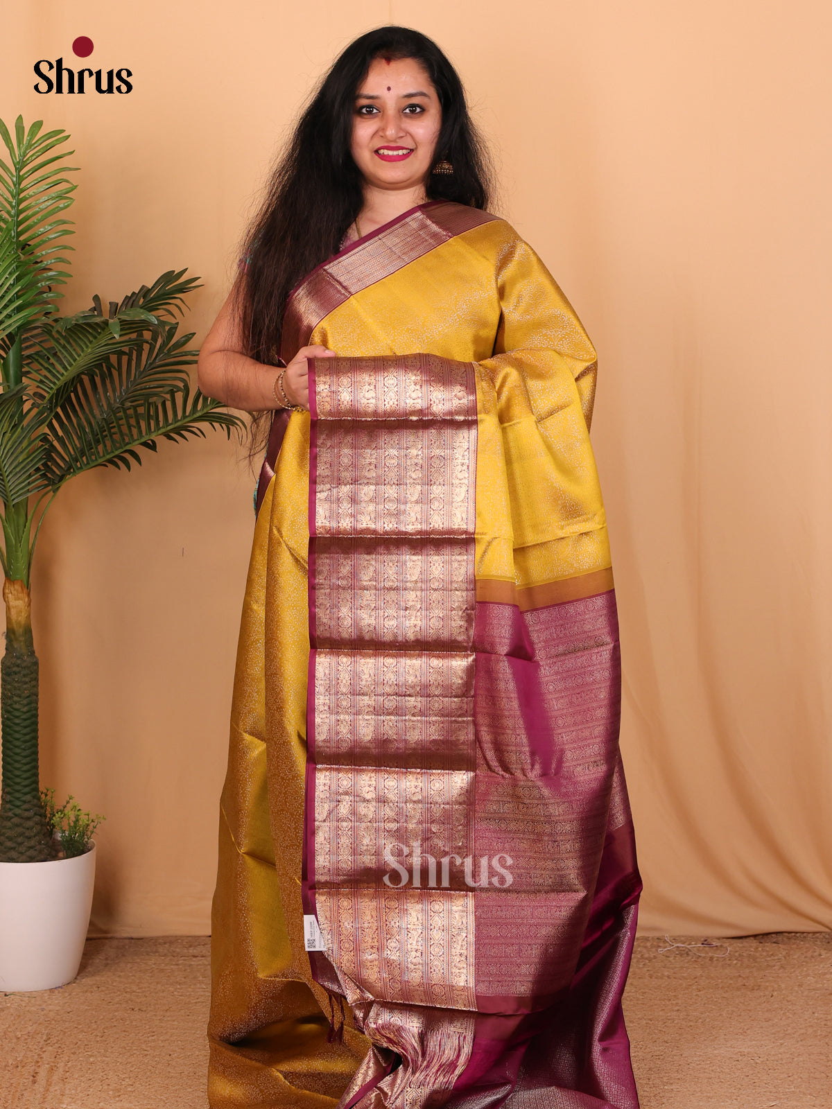 Mustard and Maroon Kanchipuram silk Saree With Pure Zari Woven Brocade Design - Shop on Shrus.com