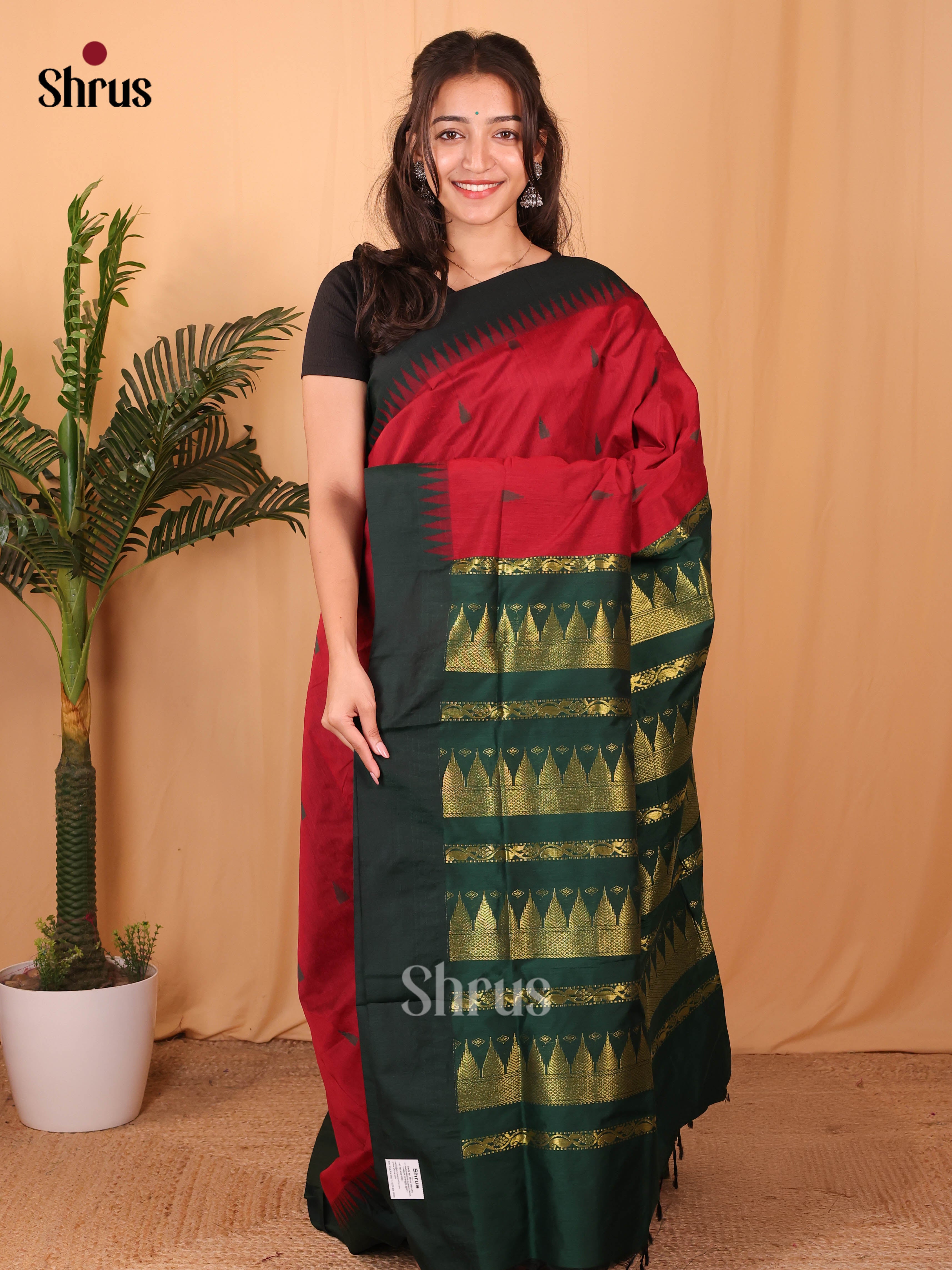Maroon & Green - Kalyani Cotton Saree - Shop on Shrus.com